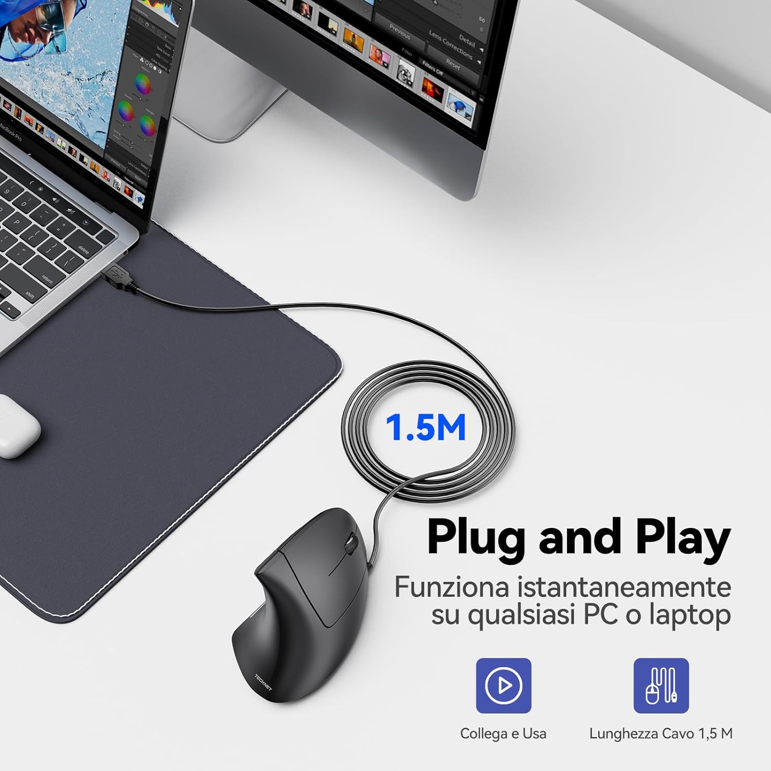 Tecknet Mouse Verticale Cablato Ergonomico 6400 DPI, Nero - immagine 6