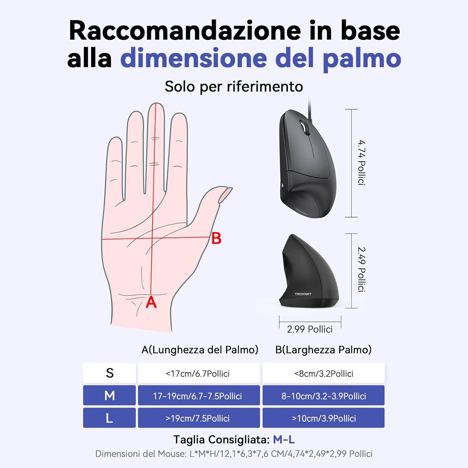 Tecknet Mouse Verticale Cablato Ergonomico 6400 DPI, Nero - immagine 7