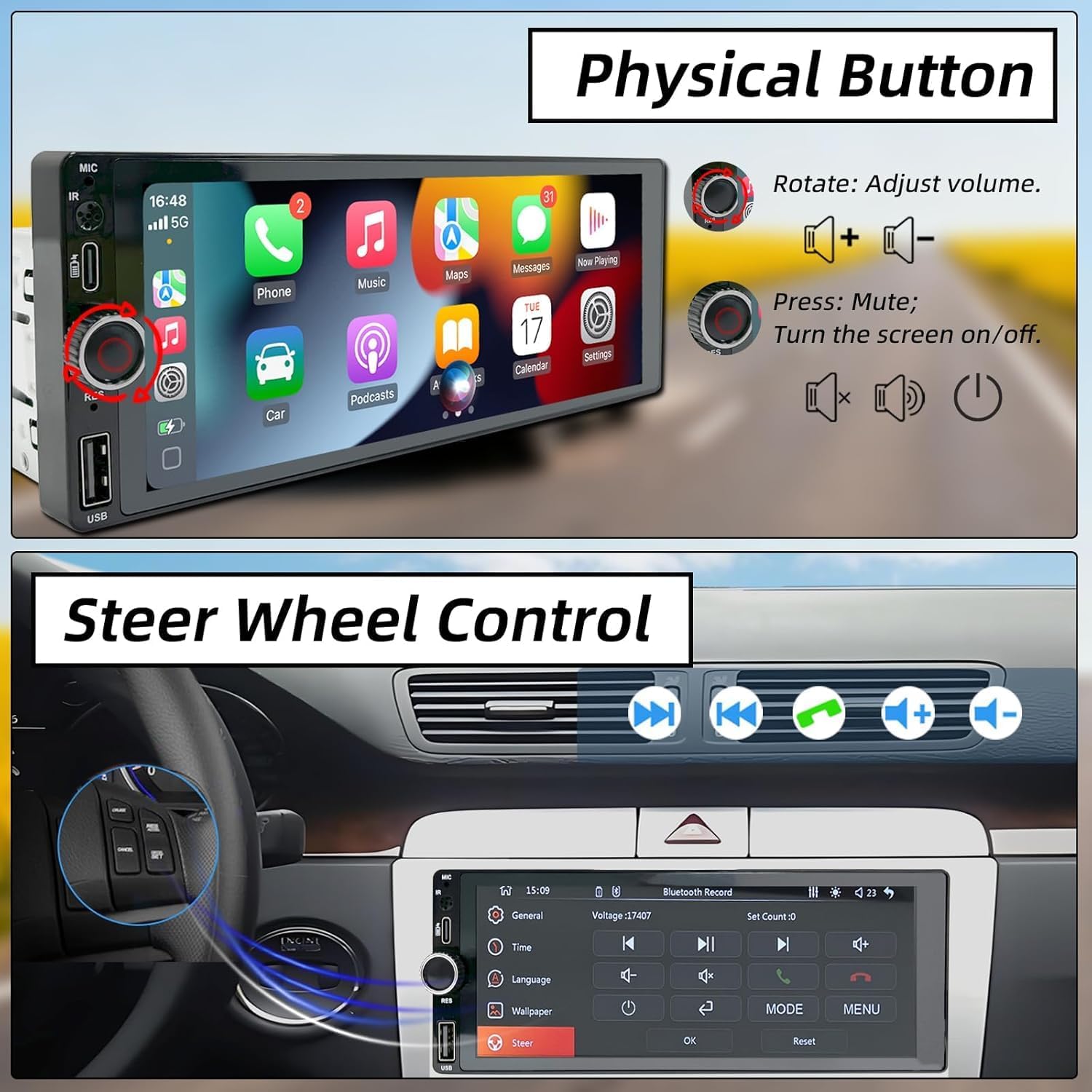 Autoradio 1 DIN con Schermo Touchscreen 6.86 Pollici - immagine 5