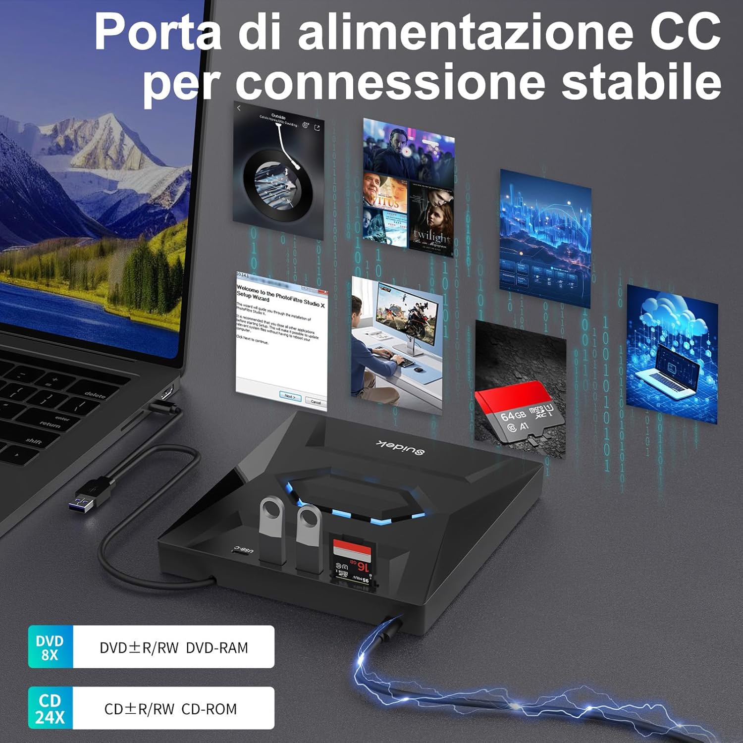 Suidek Unità CD Esterna USB-C con Lettore Schede SD - immagine 5