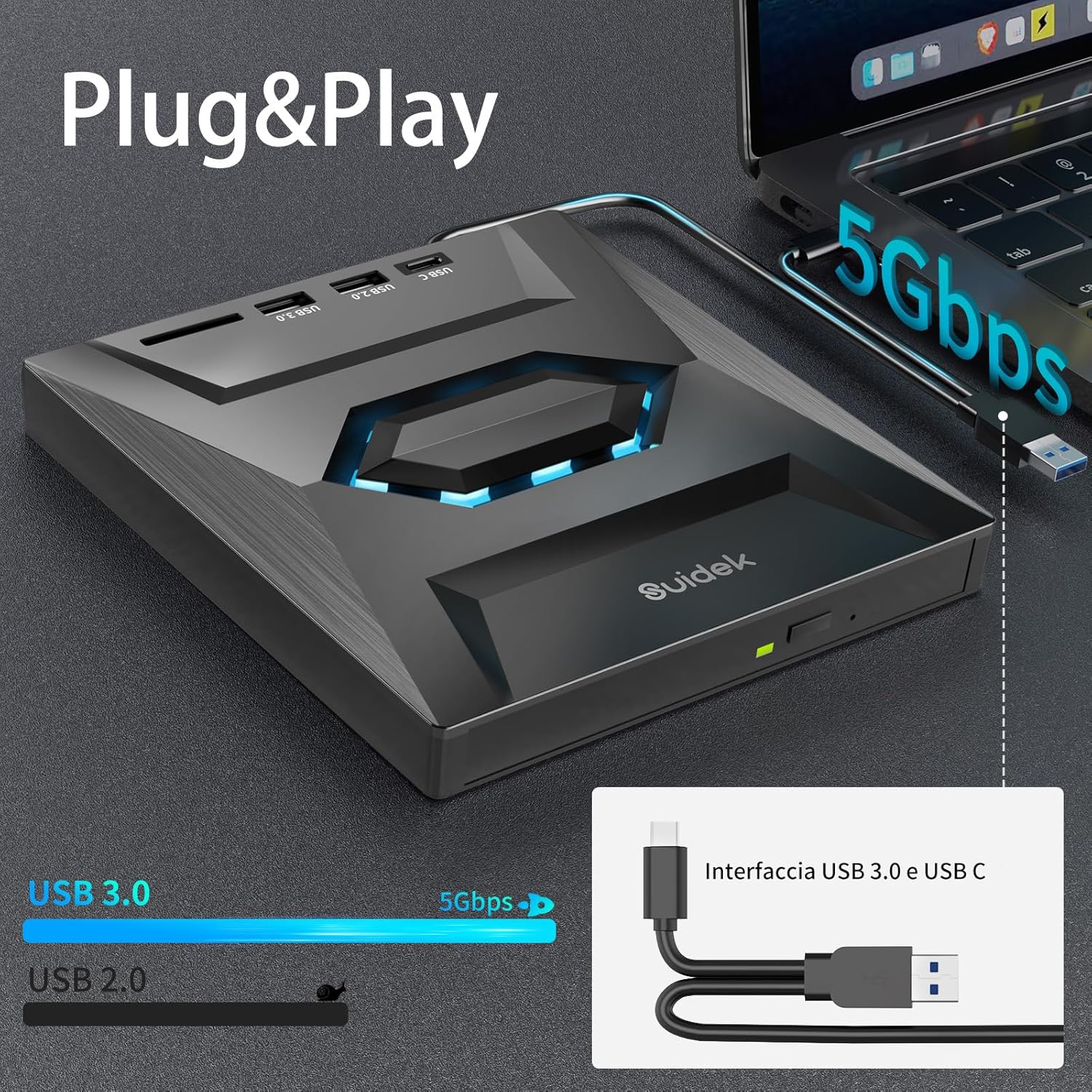 Suidek Unità CD Esterna USB-C con Lettore Schede SD - immagine 6