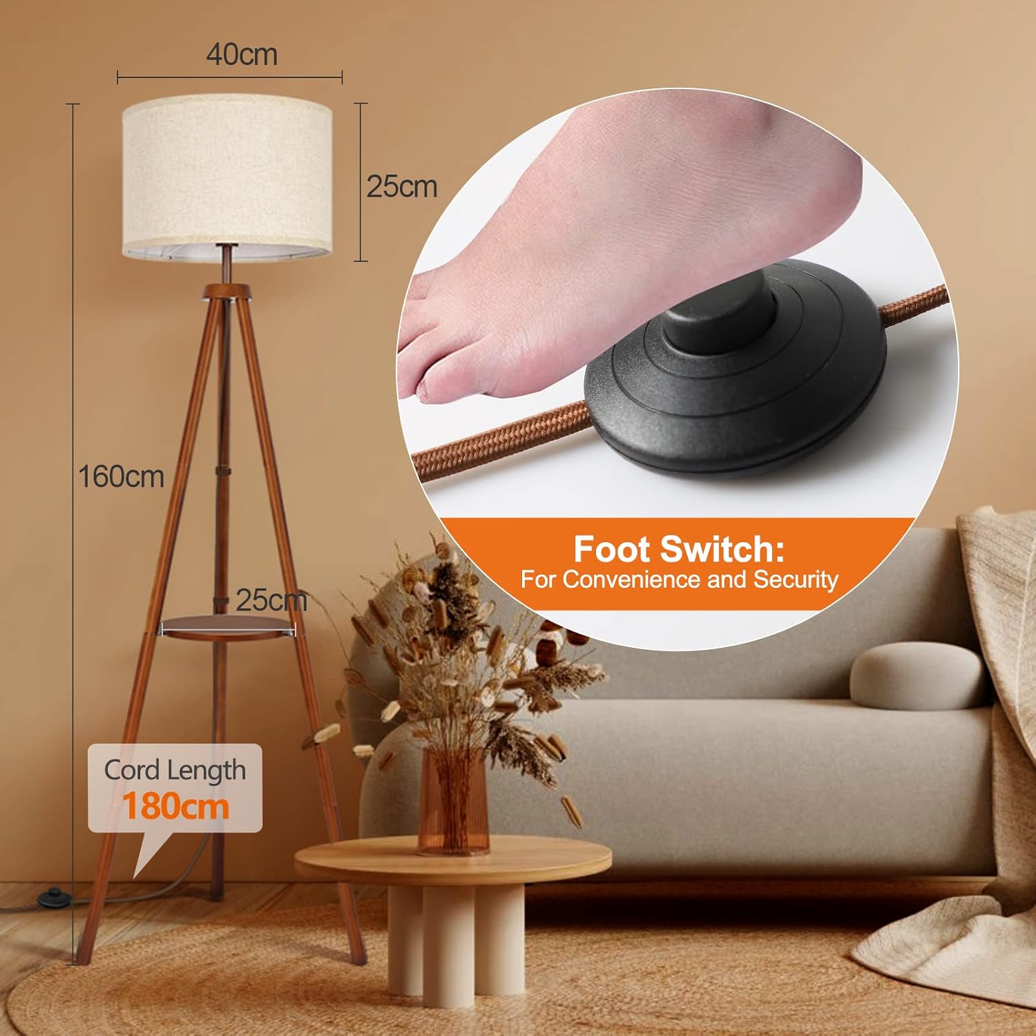 OUTON Lampada da Terra Treppiede con Telecomando, Marrone - immagine 5