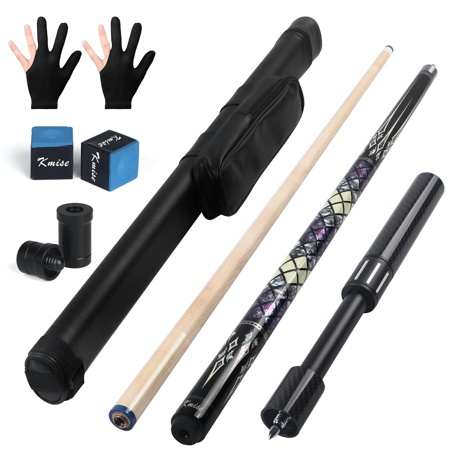 Kmise Bastone professionale per stecca da biliardo in acero canadese con asta a bassa deflessione e prolunga telescopica in fibra di carbonio, set con custodia in pelle