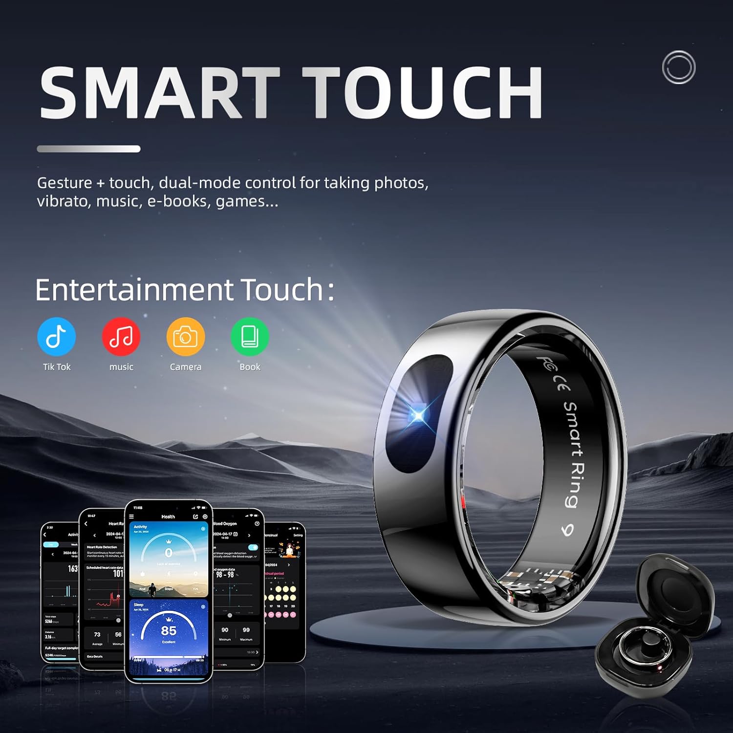 Smart Ring Fitness Tracker Impermeabile 5 ATM (Nero, 7) - immagine 2