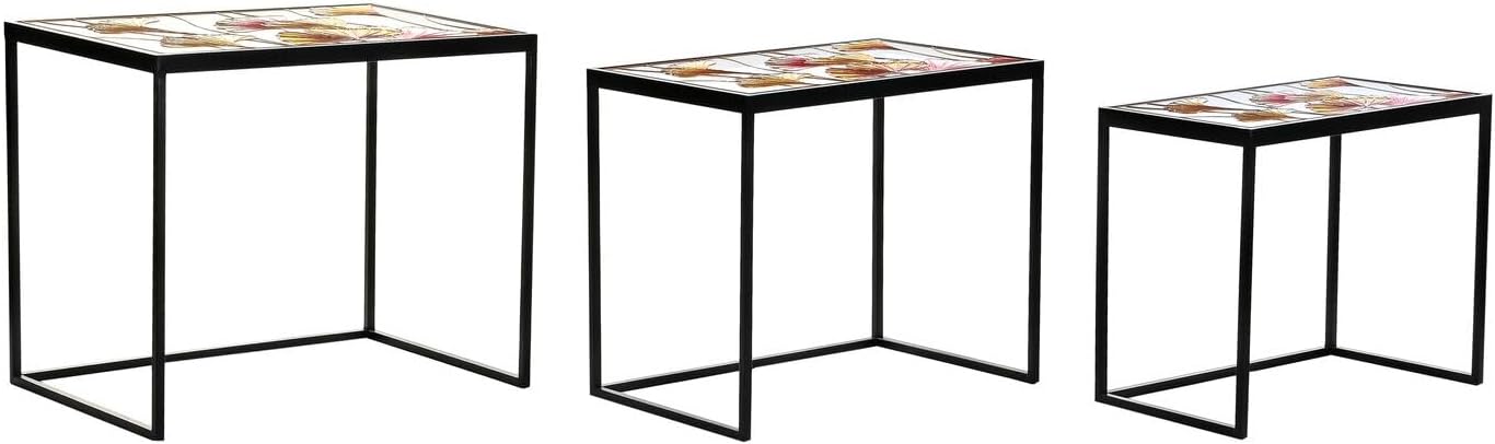 TAVOLO AUXILIARE SET 3 METALLO VETRO 60X40X50 FOGLIE - immagine 1