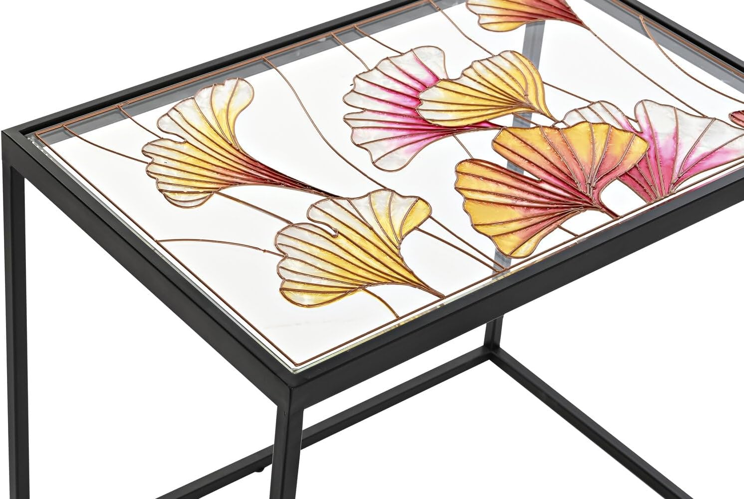 TAVOLO AUXILIARE SET 3 METALLO VETRO 60X40X50 FOGLIE - immagine 2