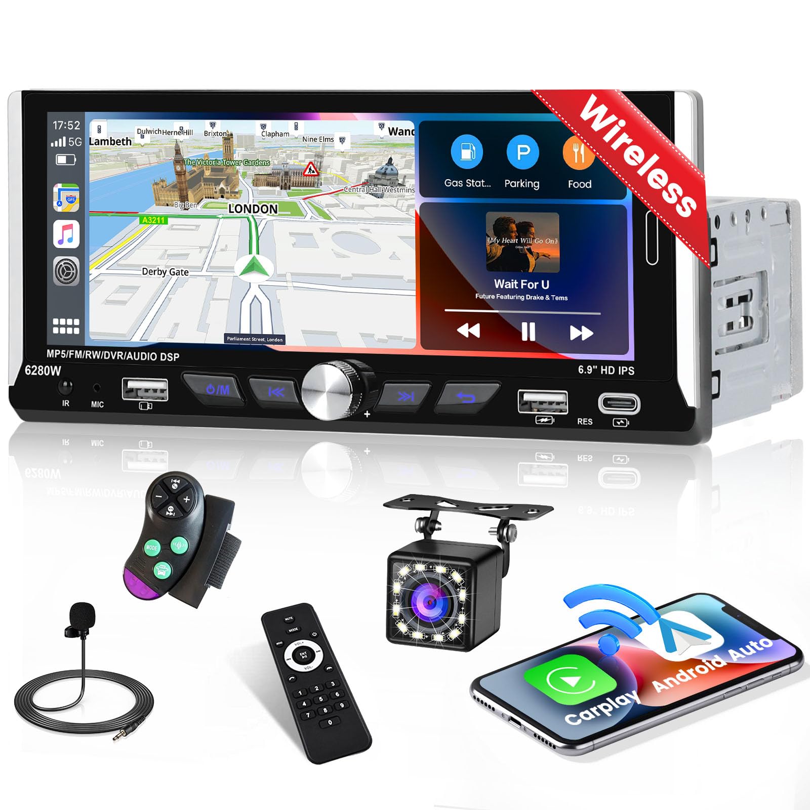 Inefala Autoradio Bluetooth 1 Din con Wireless Carplay