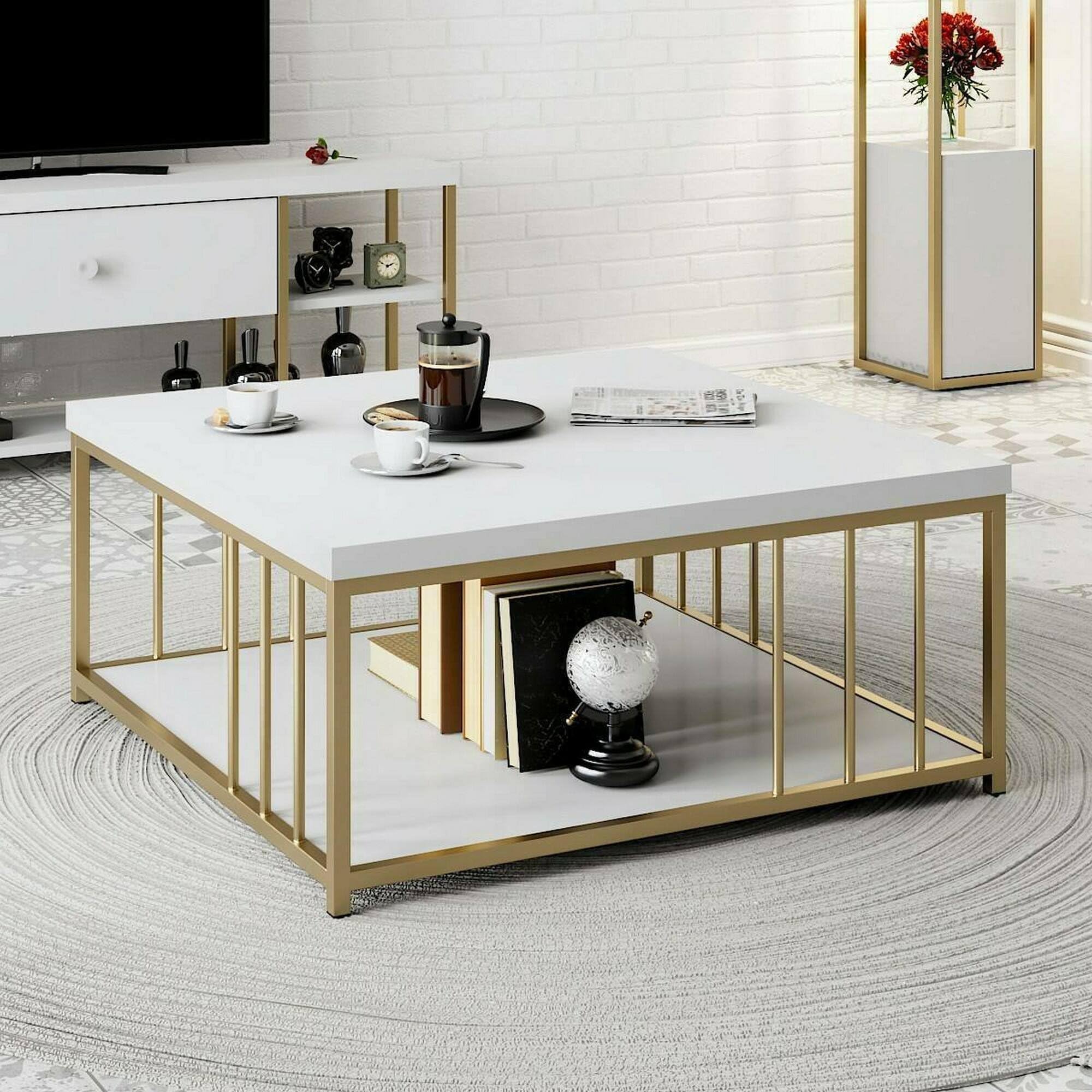 Dmora Tavolino da Salotto Ankaa 90x39h40 cm, Bianco e Oro