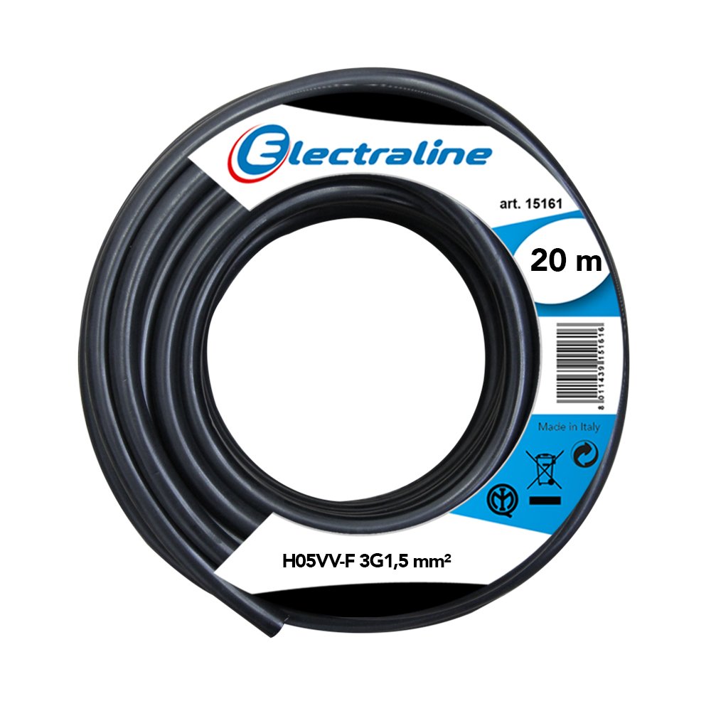 Electraline Cavo per Prolunghe 3G1.5 mm, Nero 20 m