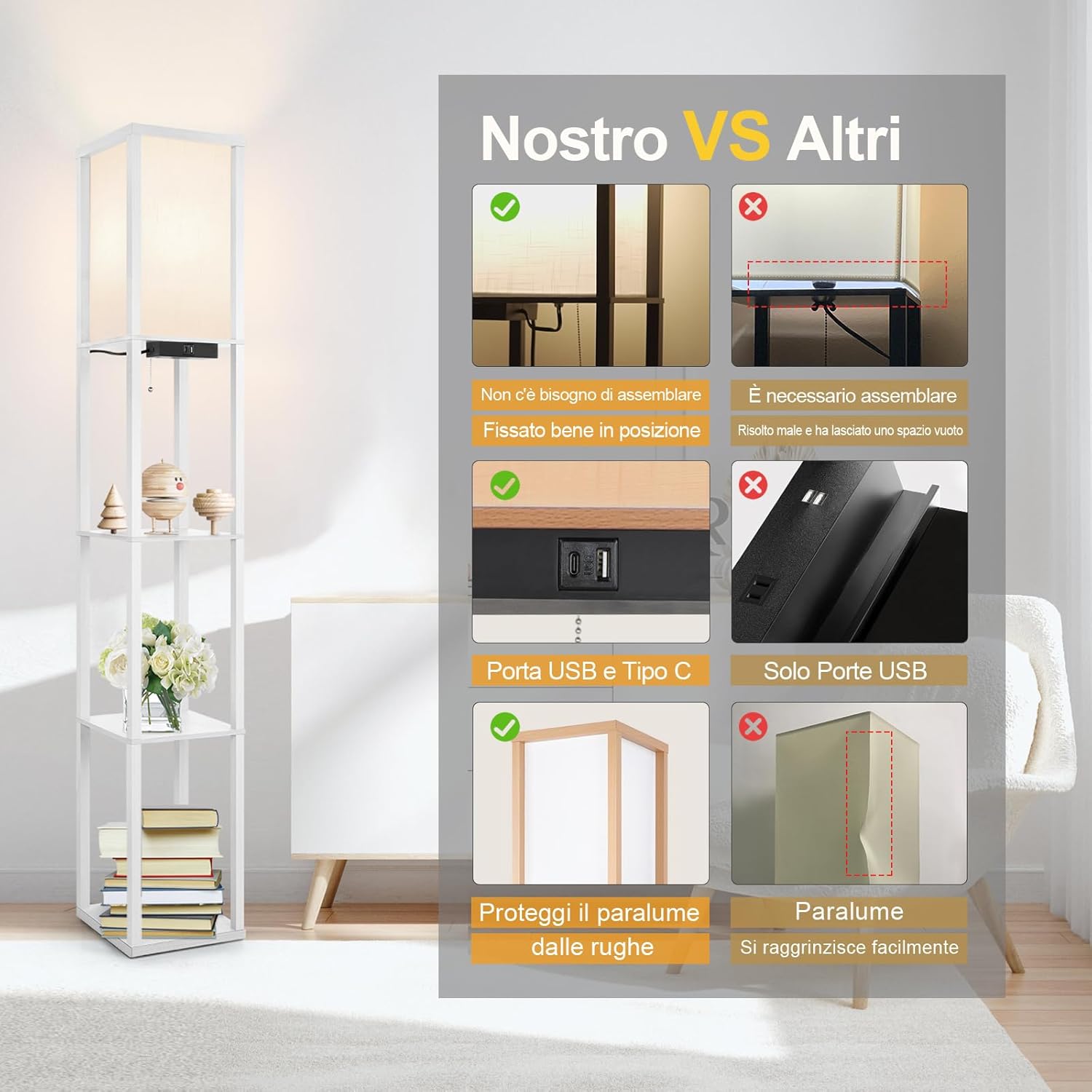 OUTON Lampada da Terra con Scaffale e 2 Porte USB, Bianca - immagine 3