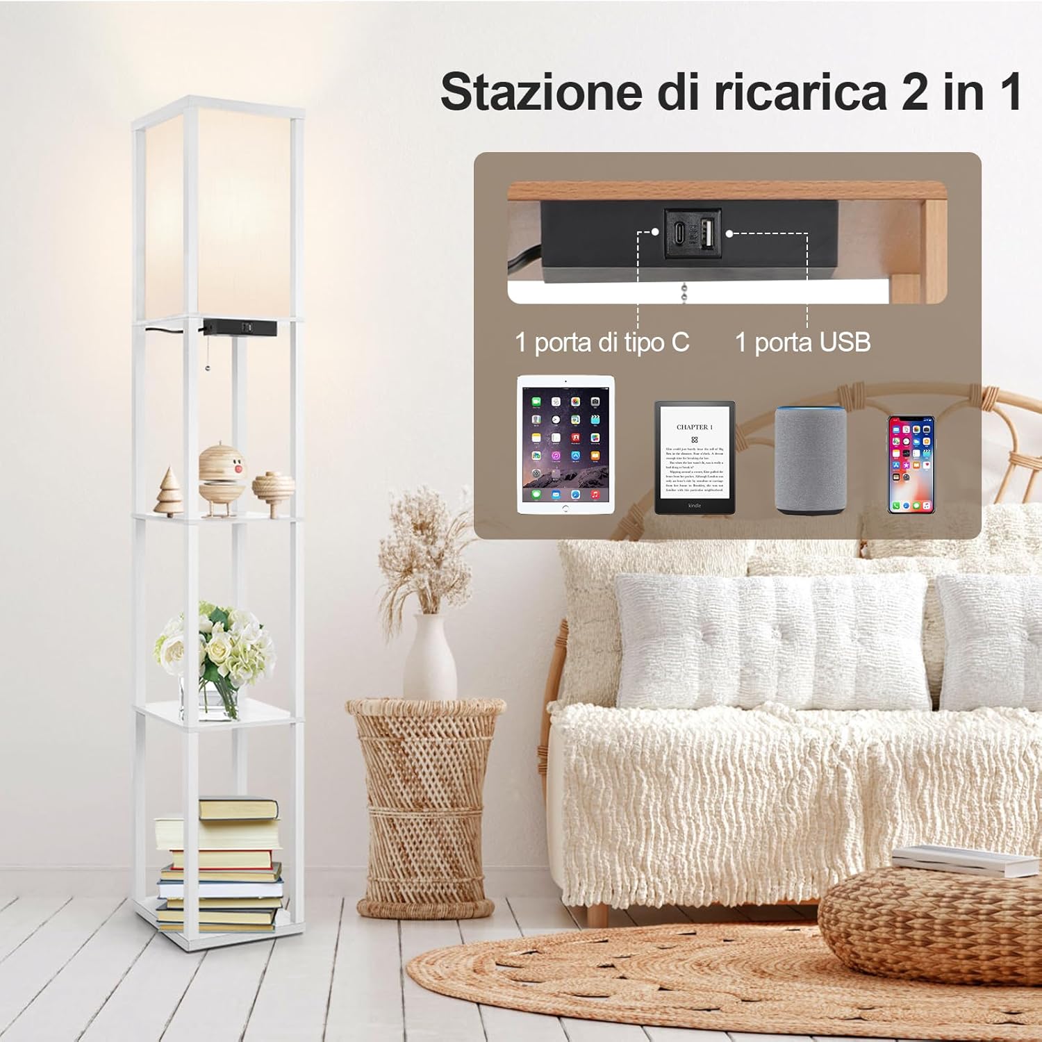 OUTON Lampada da Terra con Scaffale e 2 Porte USB, Bianca - immagine 4