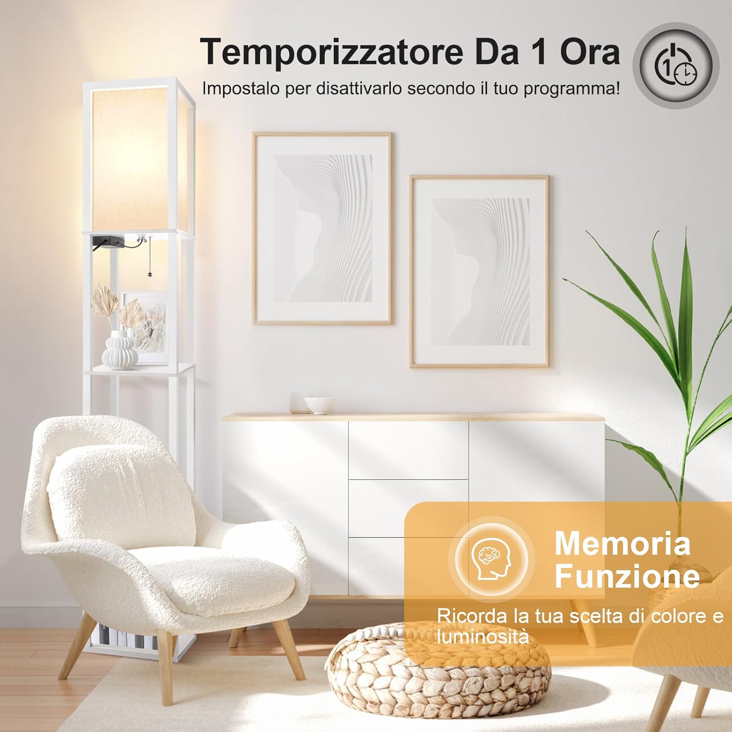 OUTON Lampada da Terra con Scaffale e 2 Porte USB, Bianca - immagine 5
