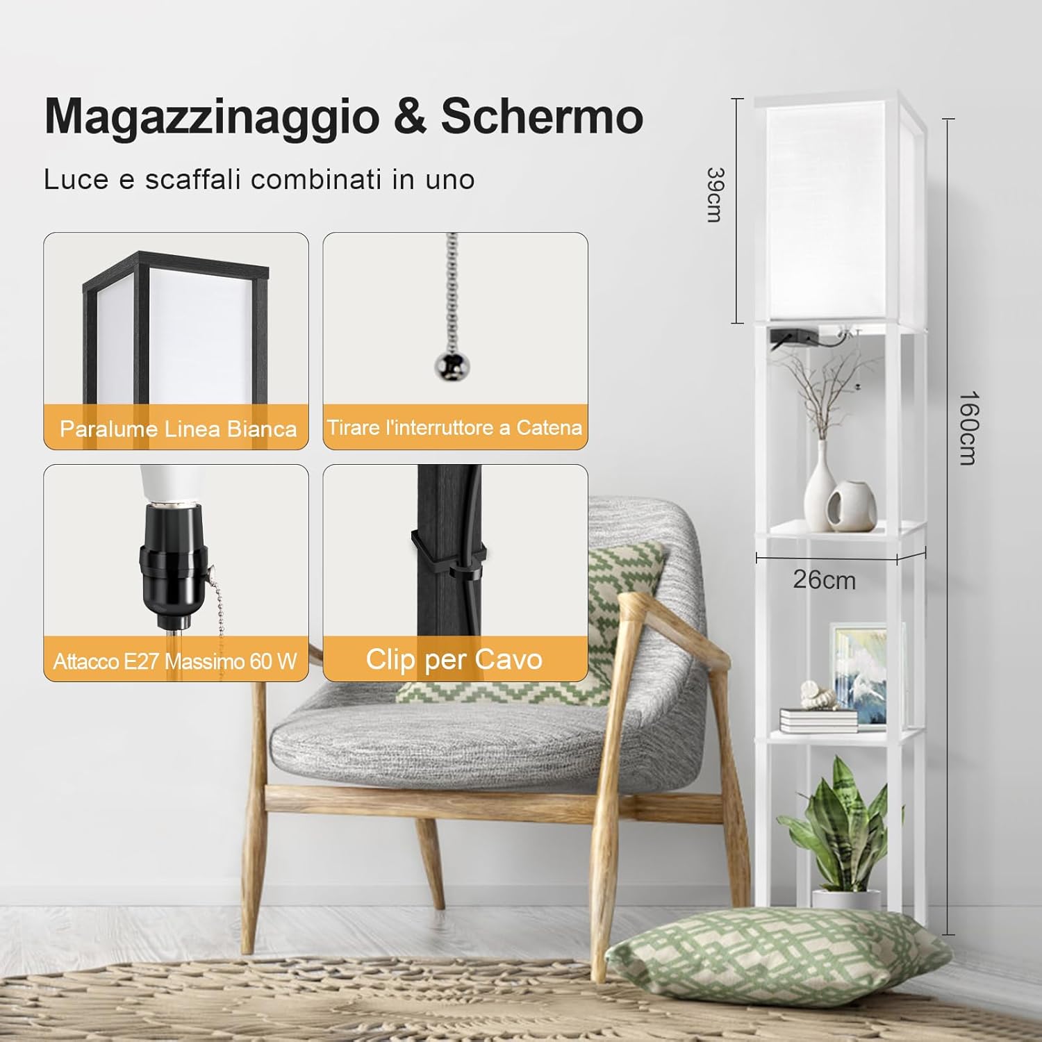OUTON Lampada da Terra con Scaffale e 2 Porte USB, Bianca - immagine 6