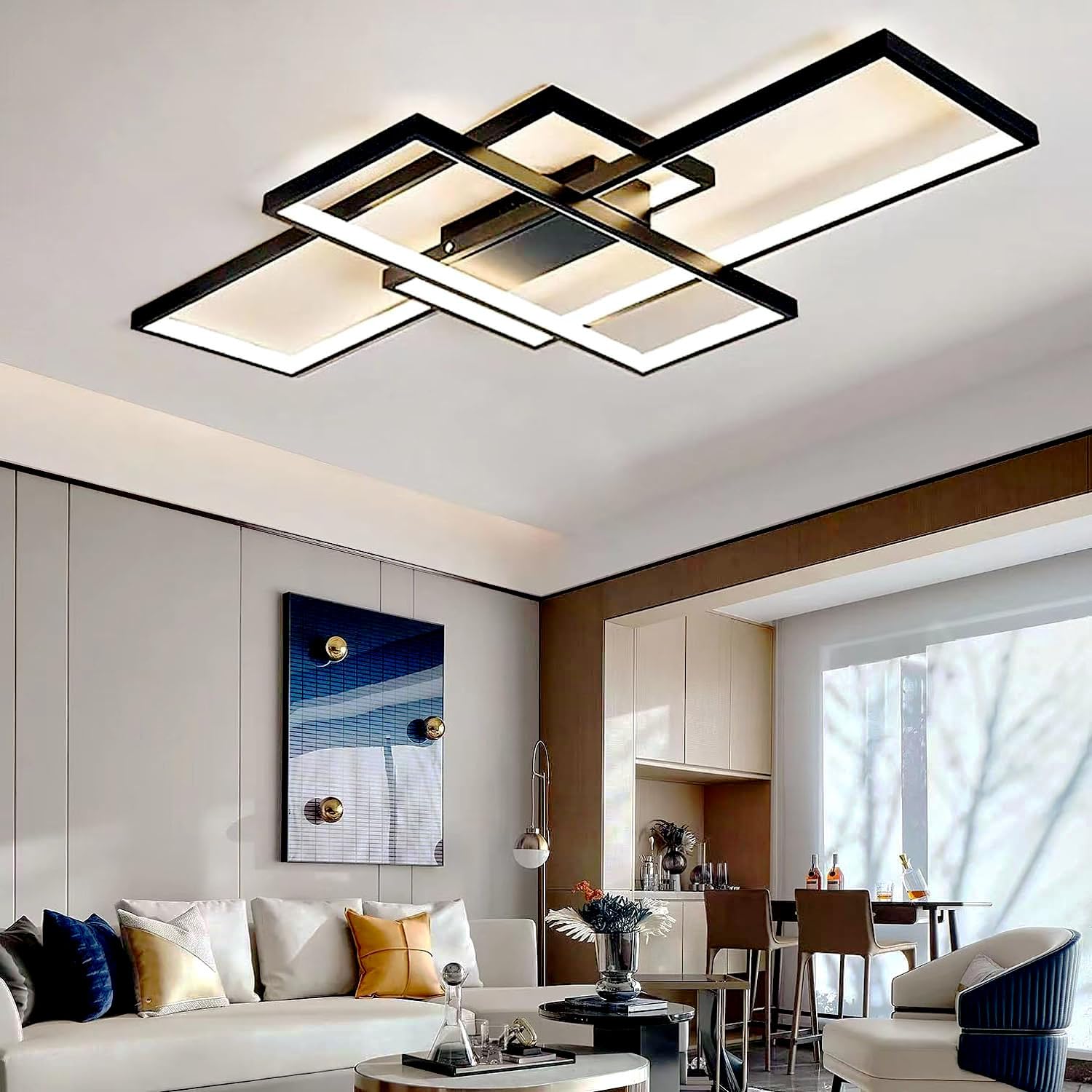 Asjk Lampadario Soggiorno LED Rettangolare 60W, Nero