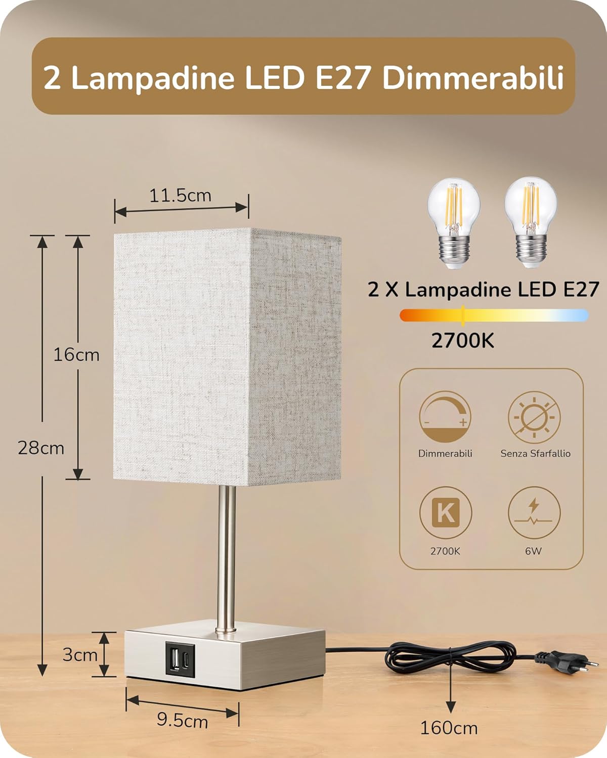 EDISHINE Lampada Comodino Touch con USB-A e Type-C (2 pz) - immagine 5