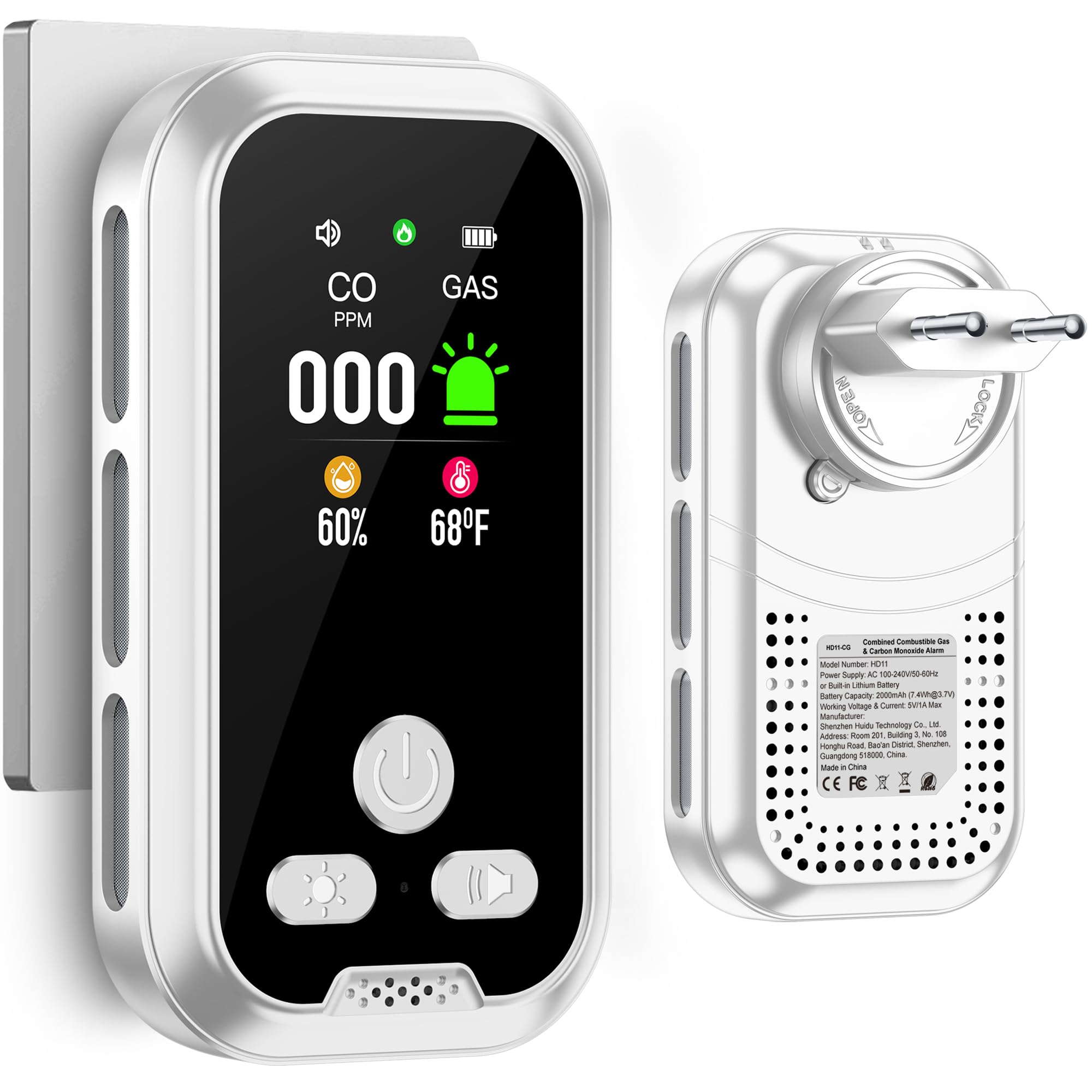 Rilevatore di Gas e Monossido di Carbonio con Spina, Bianco