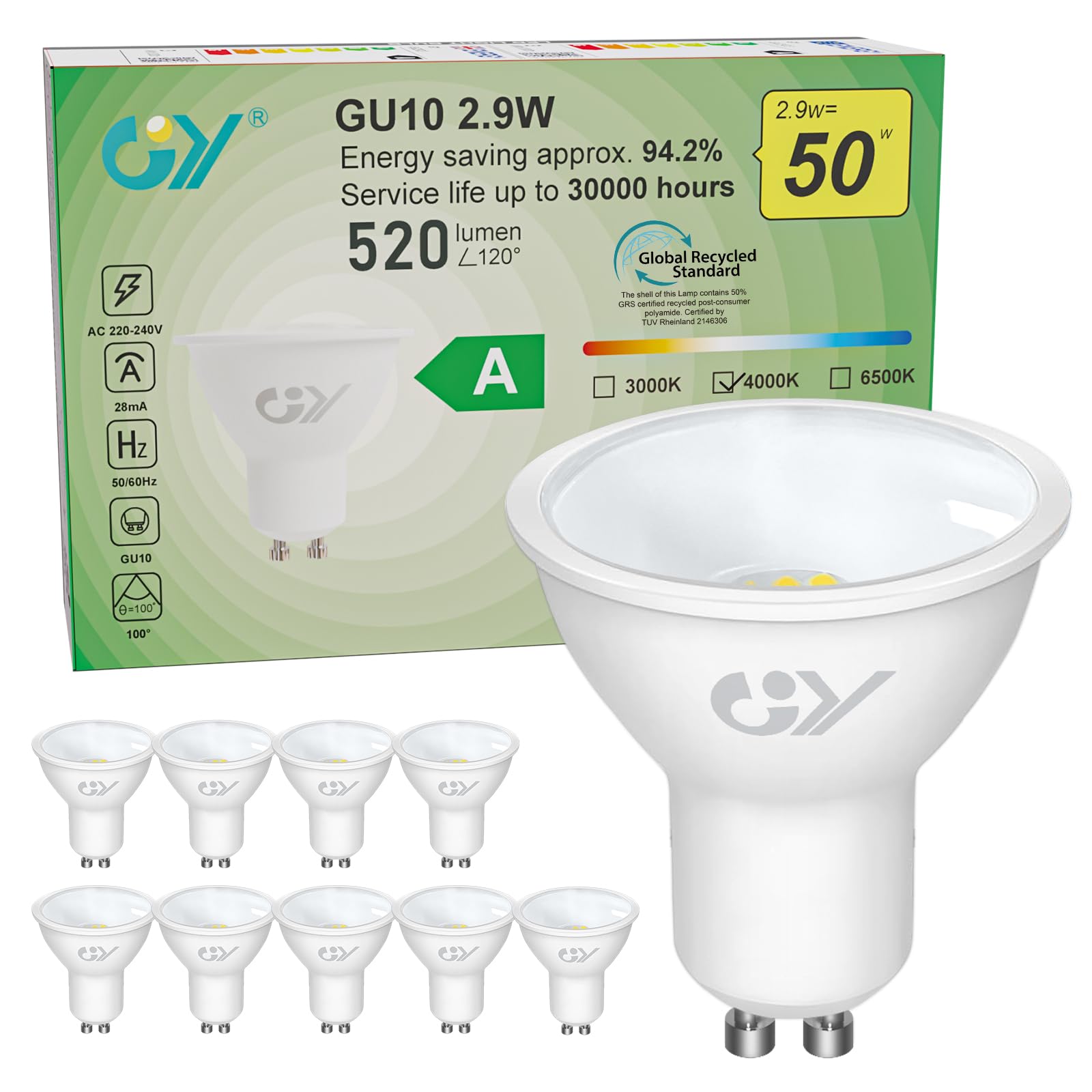 Gy Lampadina LED GU10 2.9W, Bianco Naturale