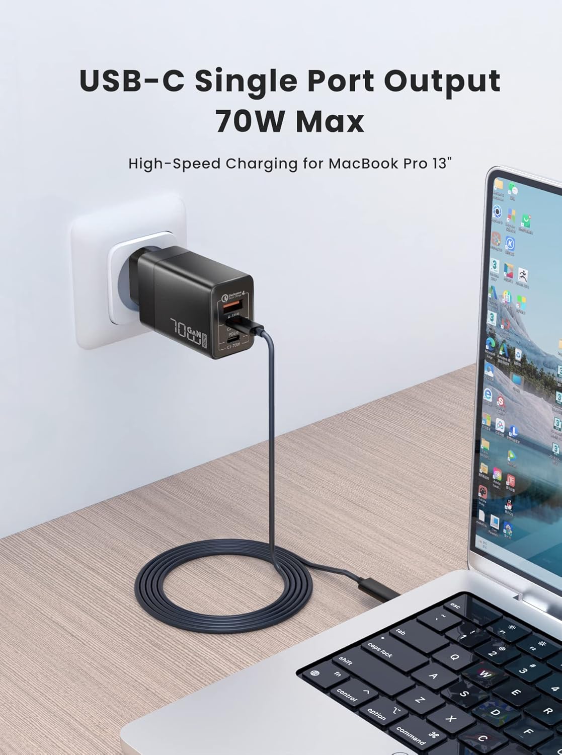 Caricatore USB C 70W GaN 3 Porte PD3.0 con Cavo 100W - immagine 2