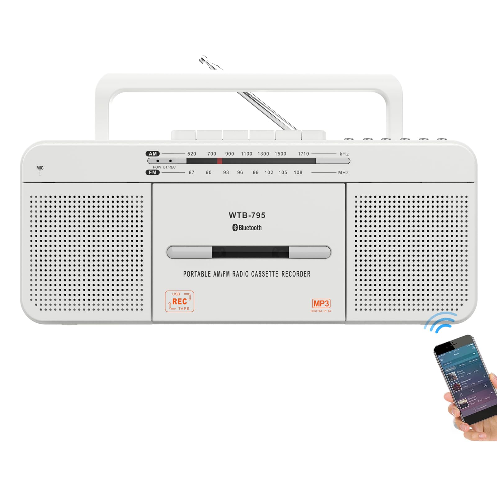 Lettore Audio Cassette Portatile con USB/Bluetooth/Radio, Bianco