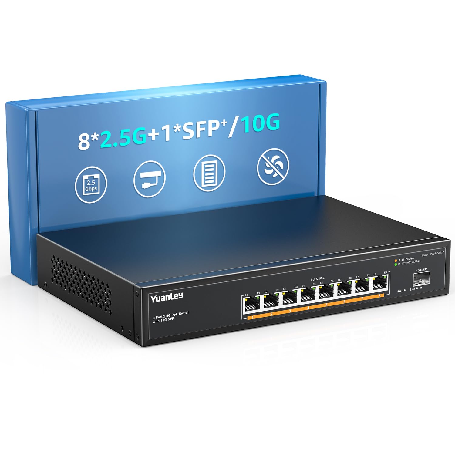 Yuanley 9 Port 2.5G PoE Switch Non Gestito 120W