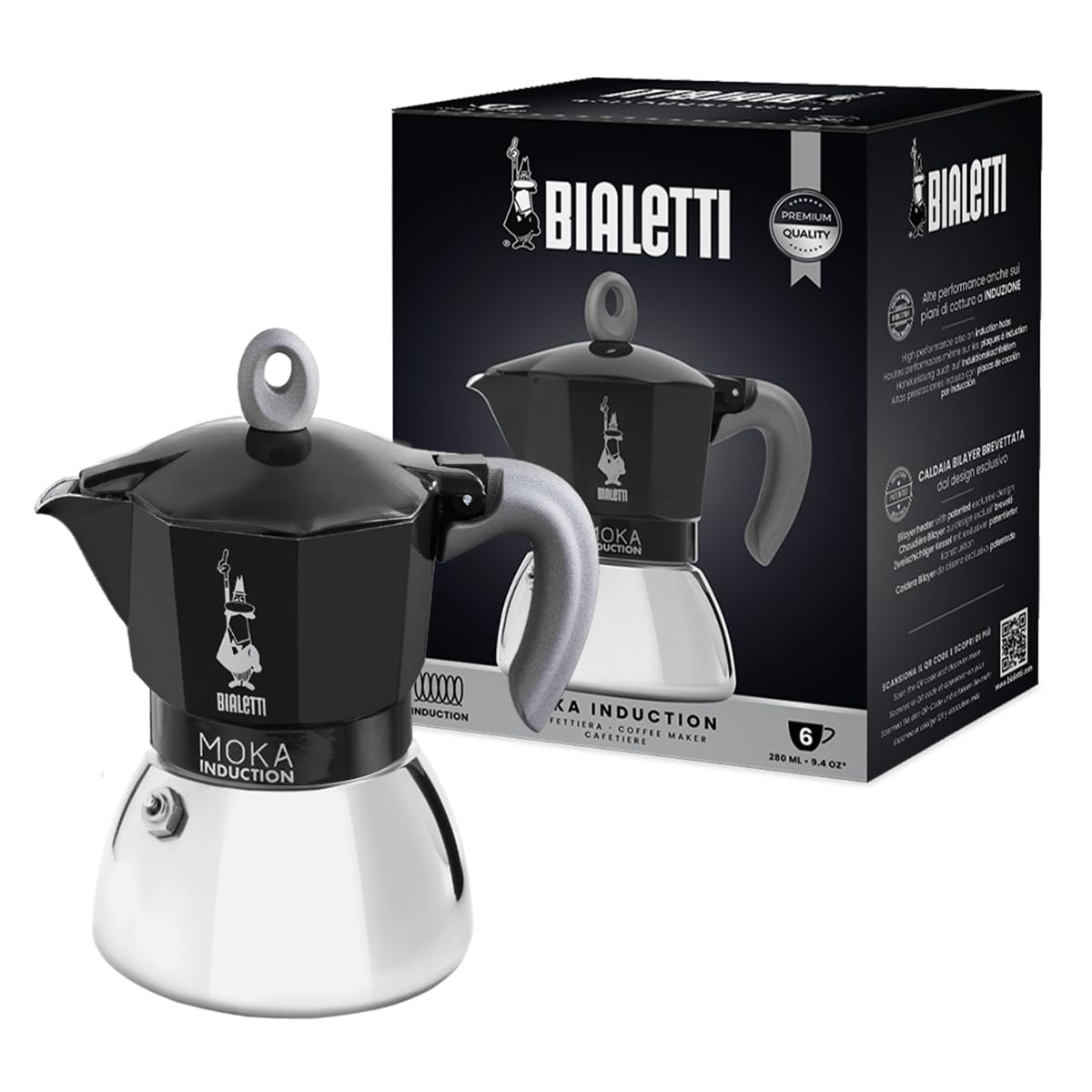 Bialetti Caffettiera Moka Induction 6 Tazze (280 ml), Nera