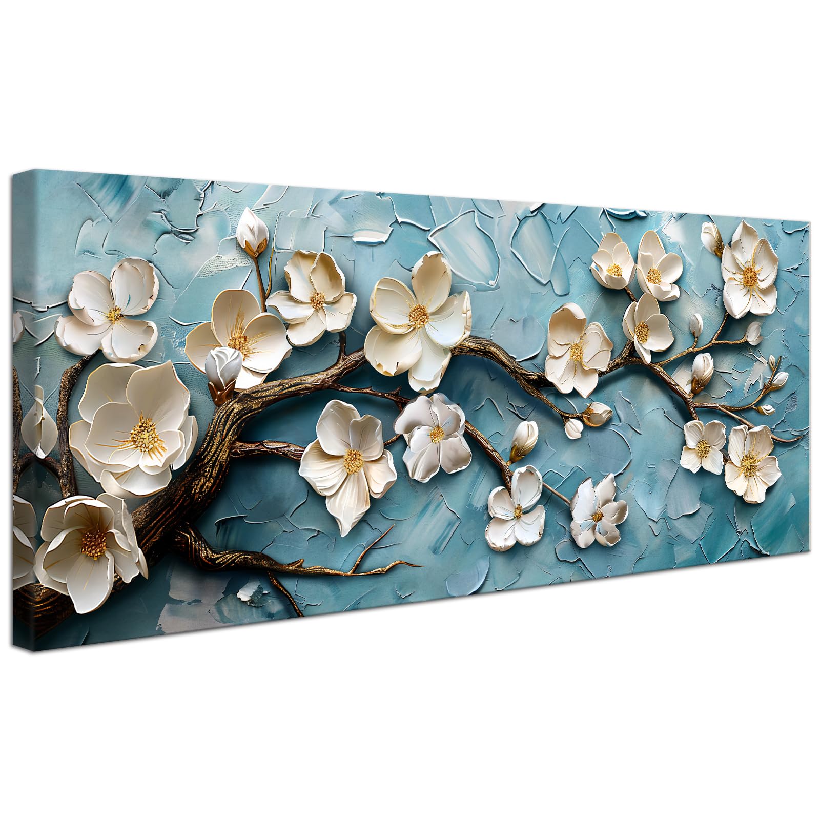 Stampa su Tela con Cornice Fiori Bianchi 50x120cm