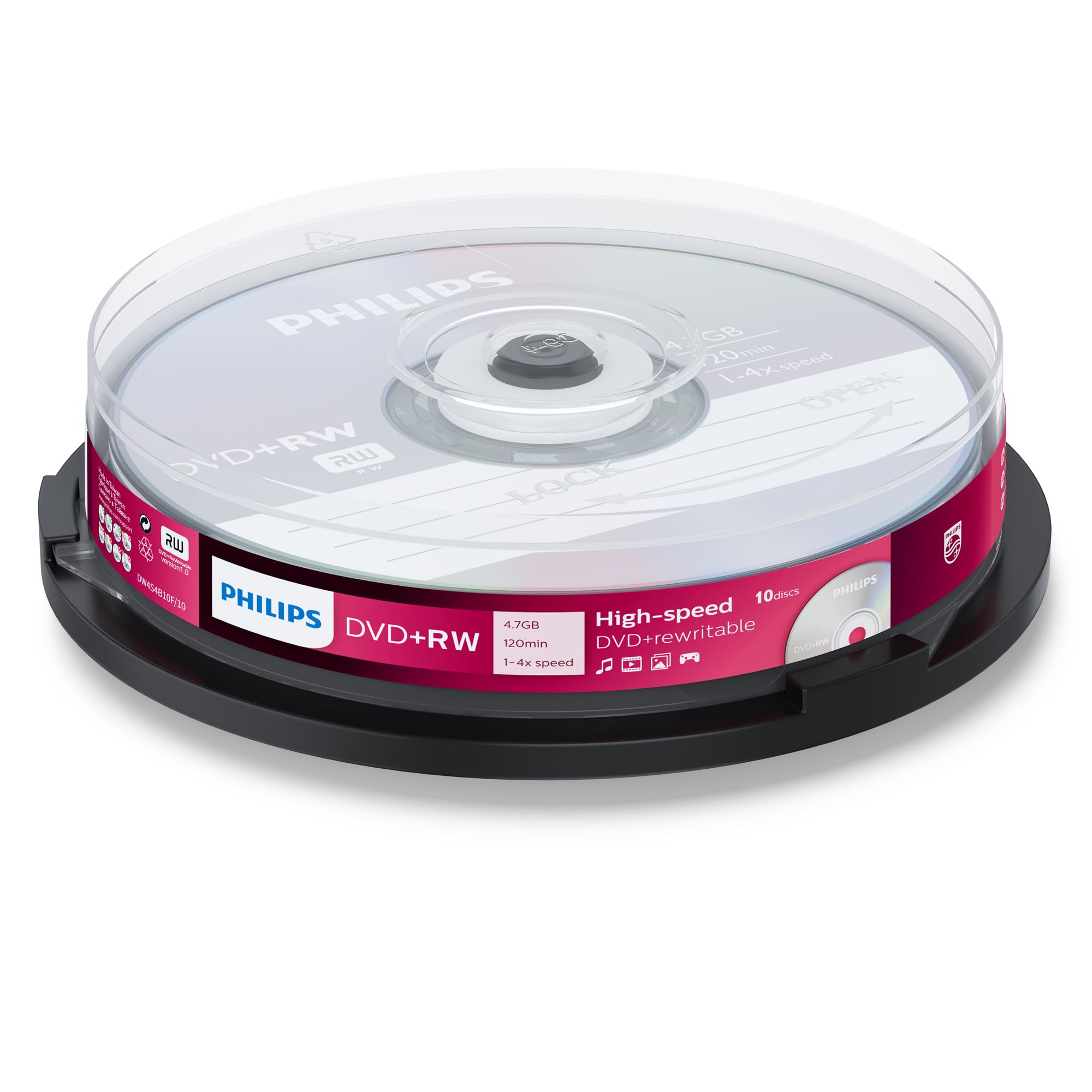 Philips DW4S4B10F/10 DVD+RW 4.7 GB, 4 X, 120 minuti, Confezione da 10 Pezzi