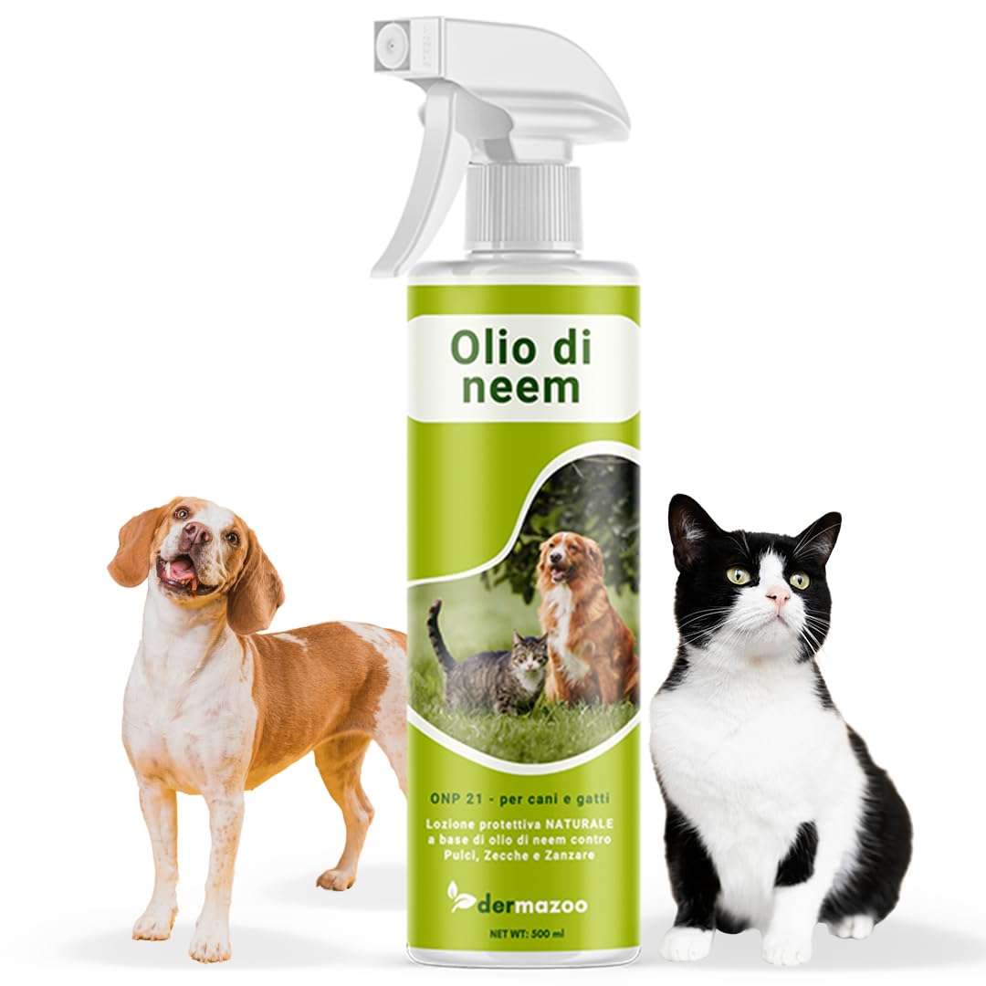 Dermazoo Olio di Neem Spray Antiparassitario Naturale per Cani, Gatti e Cavalli 500ml - Repellente contro Pulci Zecche Zanzare Acari Pidocchi - Protezione Antipulci Gatti Cani