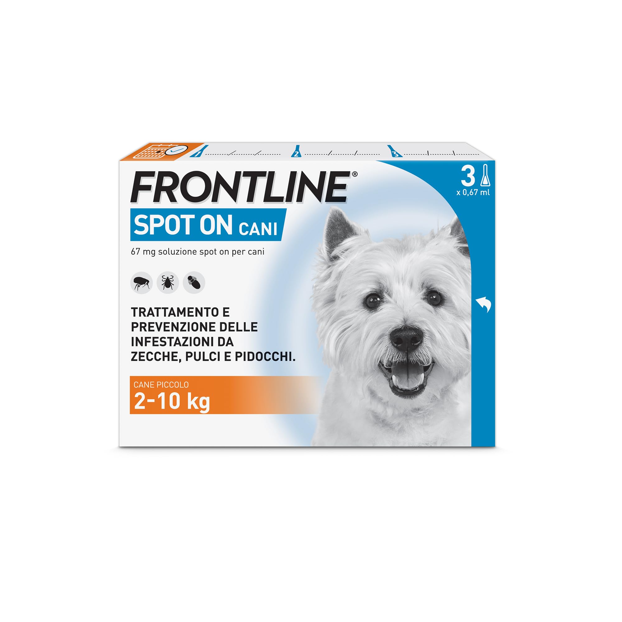 FRONTLINE Spot On, 3 Pipette, Cane Taglia S, 2-10 kg, Antiparassitario per Cani e Cuccioli di Lunga Durata, Protegge da Zecche, Pulci e Pidocchi, Antipulci in Confezione da 3 Pipette