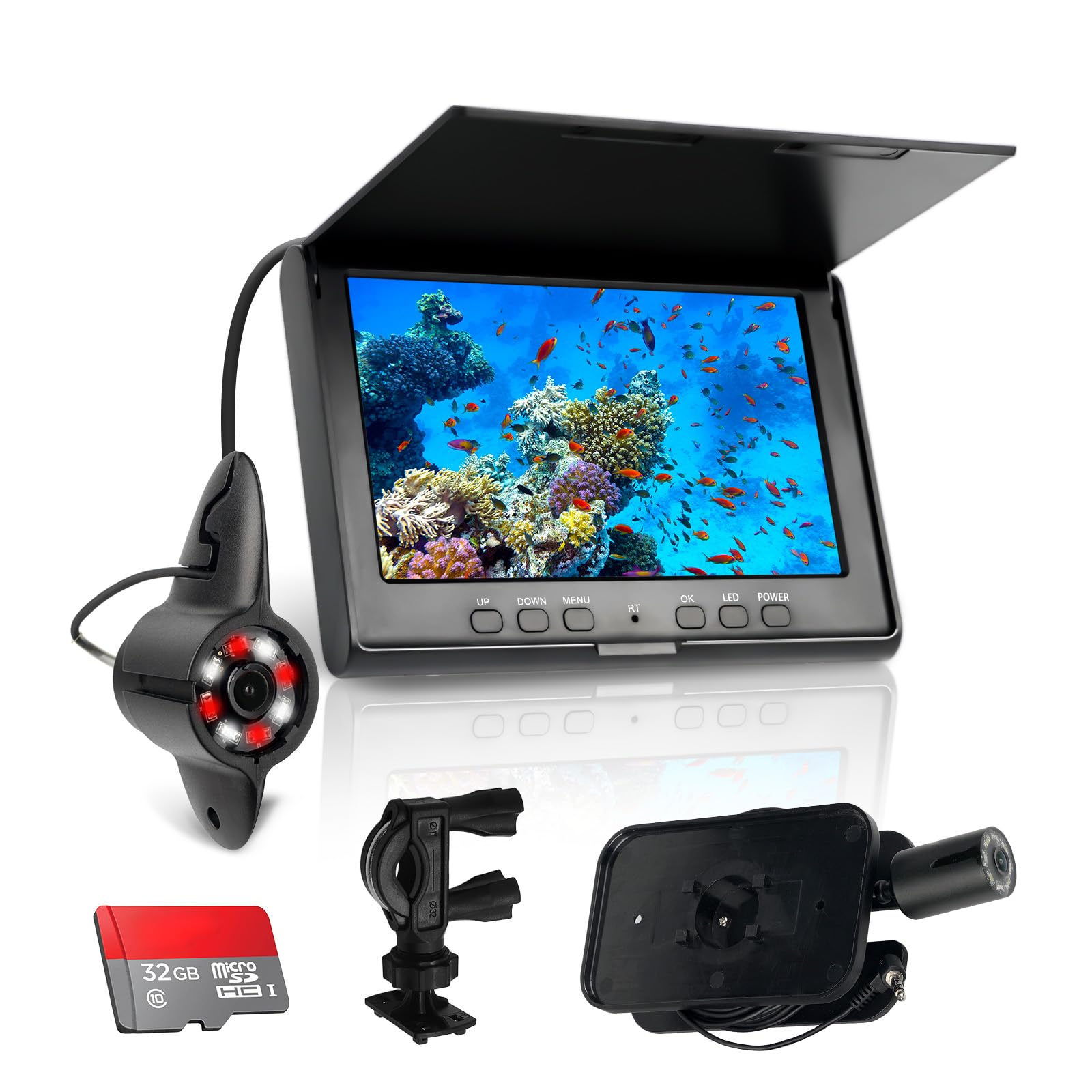 7 pollici HD 720p Fish Finder fotocamera subacquea pesca IP68 Fishing Camera Equipment 4IR LED, vista 110° su cavo USB per i pescatori, questo è un 32G extra importante