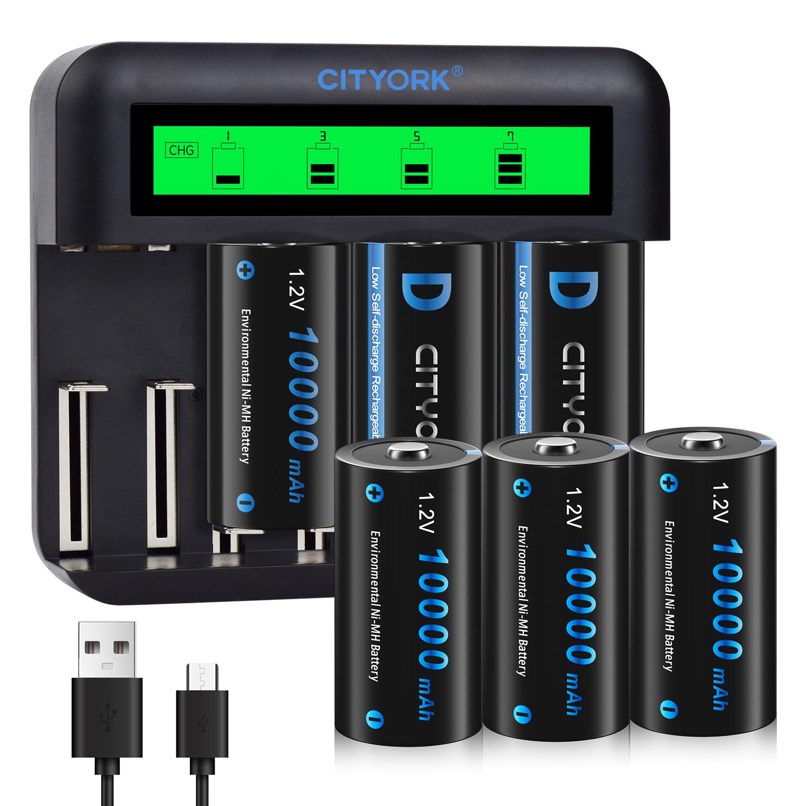 Cityork Caricabatterie con Batterie Ricaricabili D 10000mAh