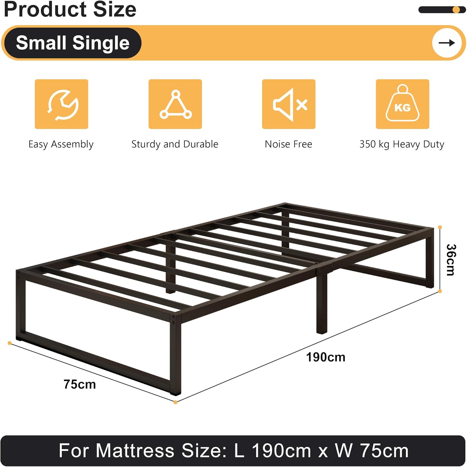 Struttura Letto Singola in Metallo 75x190 cm, Nera - immagine 2
