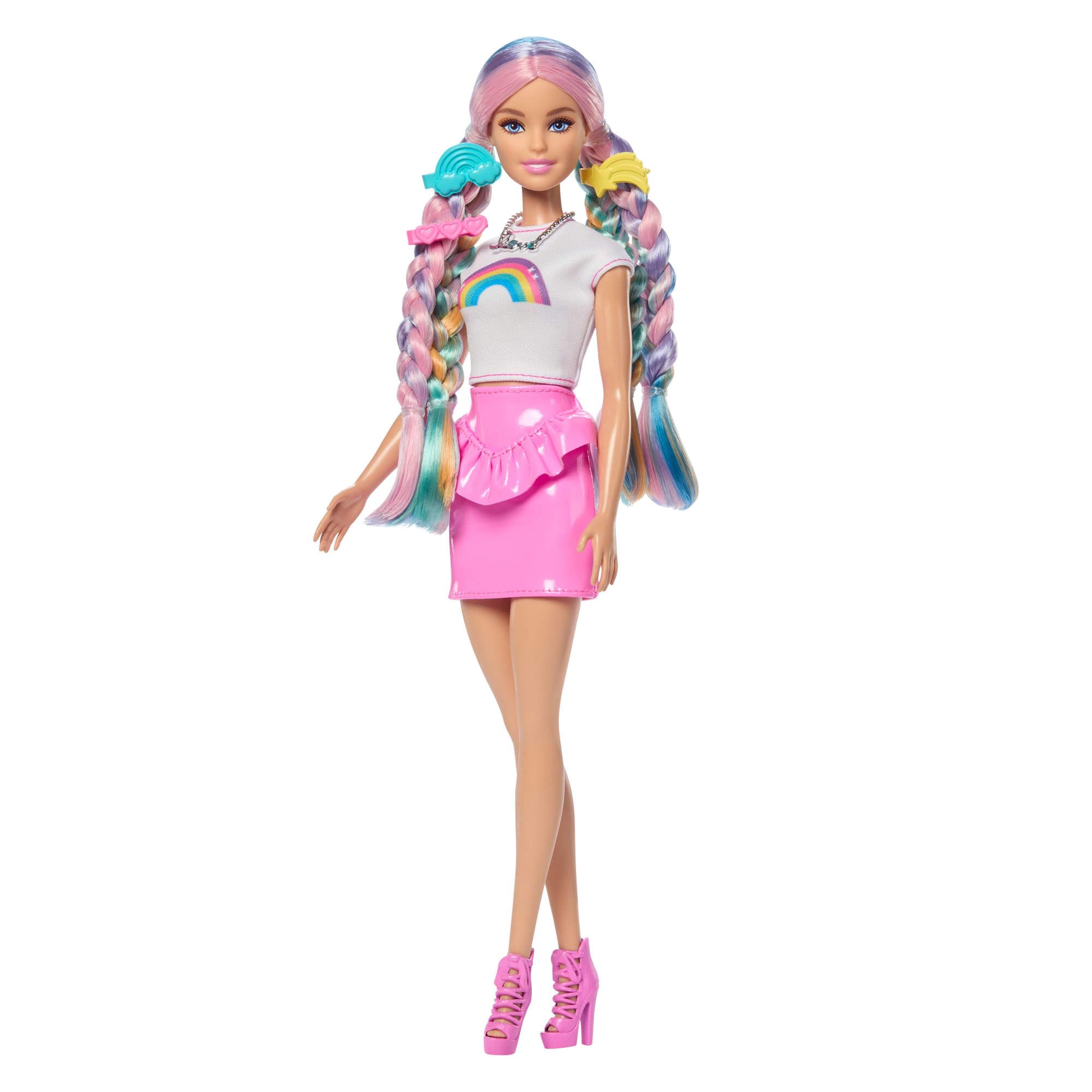 Barbie - Capelli Arcobaleno, bambola dai capelli extra lunghi e colorati, 12 accessori per lo styling inclusi, tubetto di glitter, spazzola, fermagli, asciugacapelli, 3+ anni, JJP07