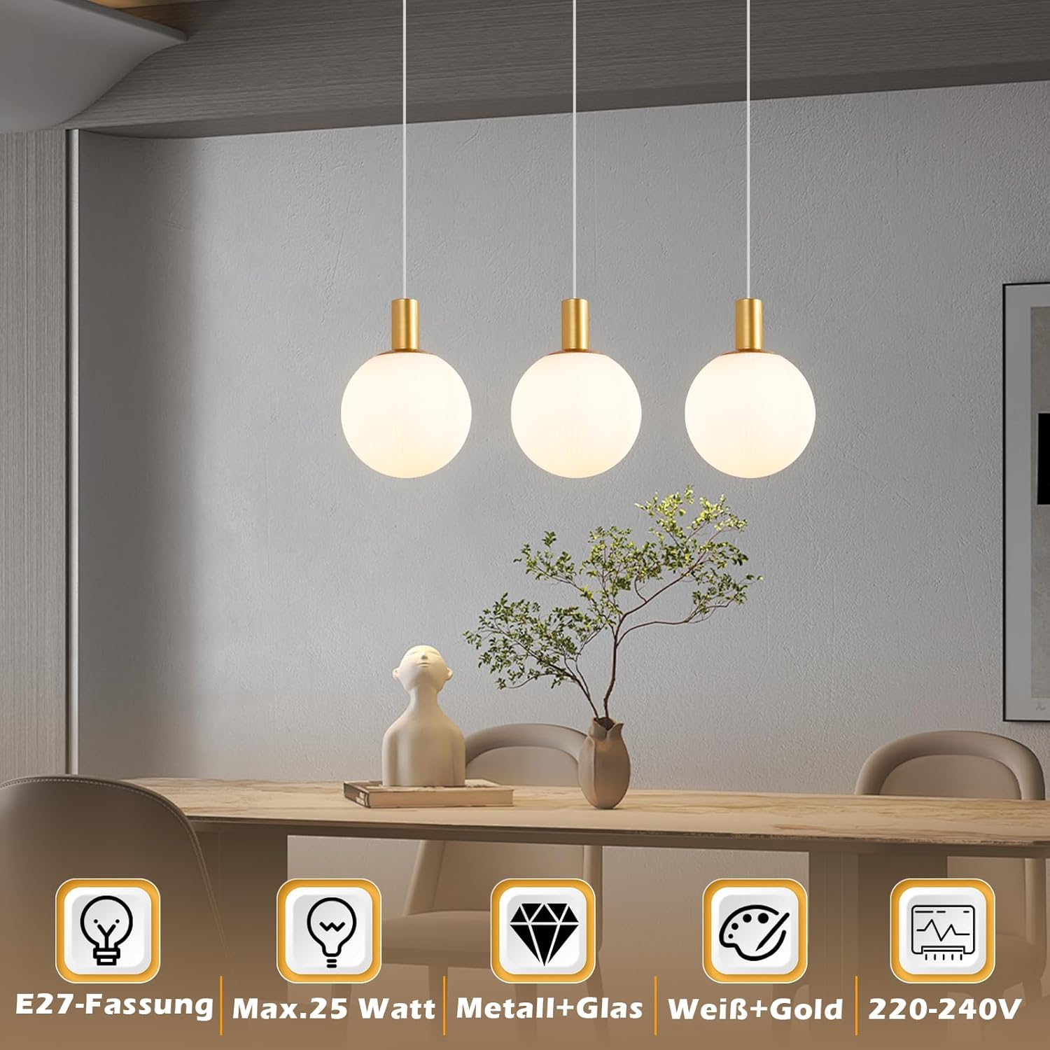 Cbjktx Lampada a Sospensione in Vetro E27 Oro - immagine 3