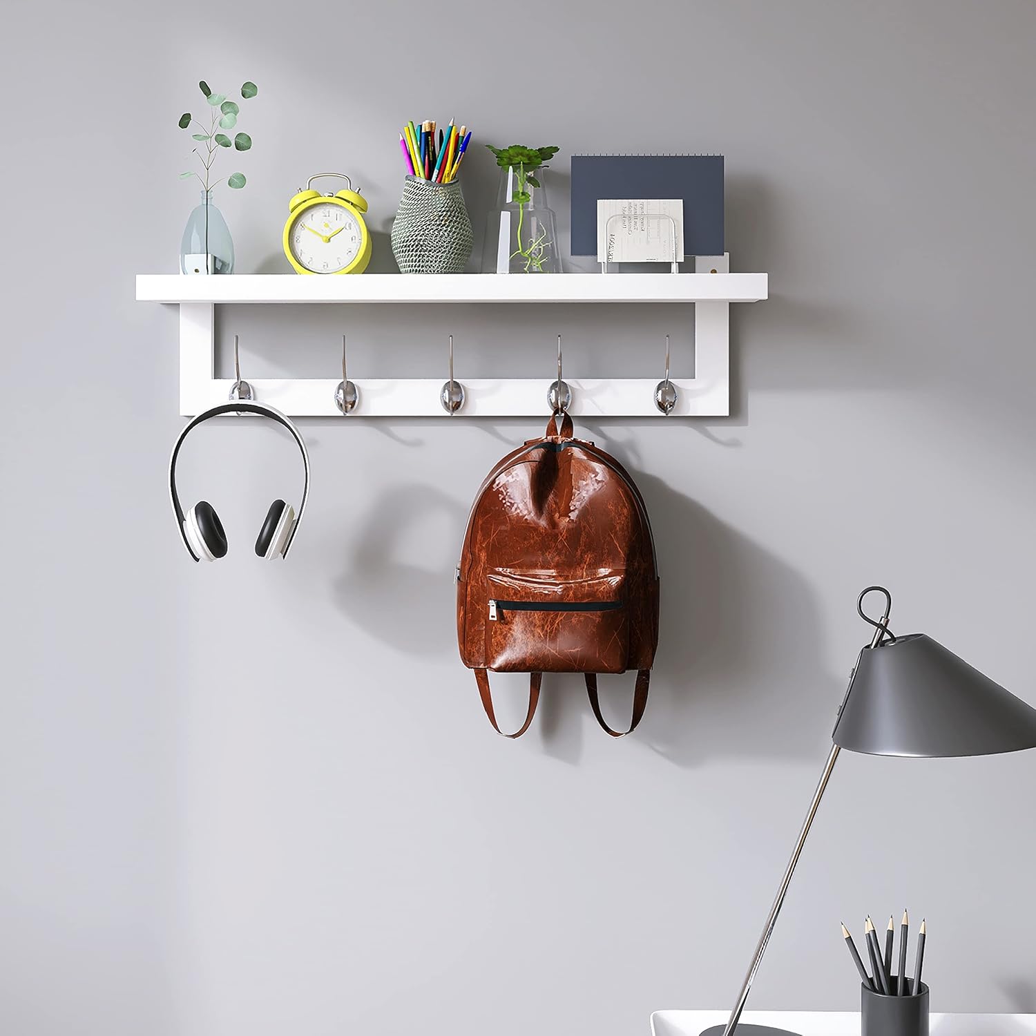 Smibuy Appendiabiti a Muro in Bambù 74cm, Bianco+Argento - immagine 2