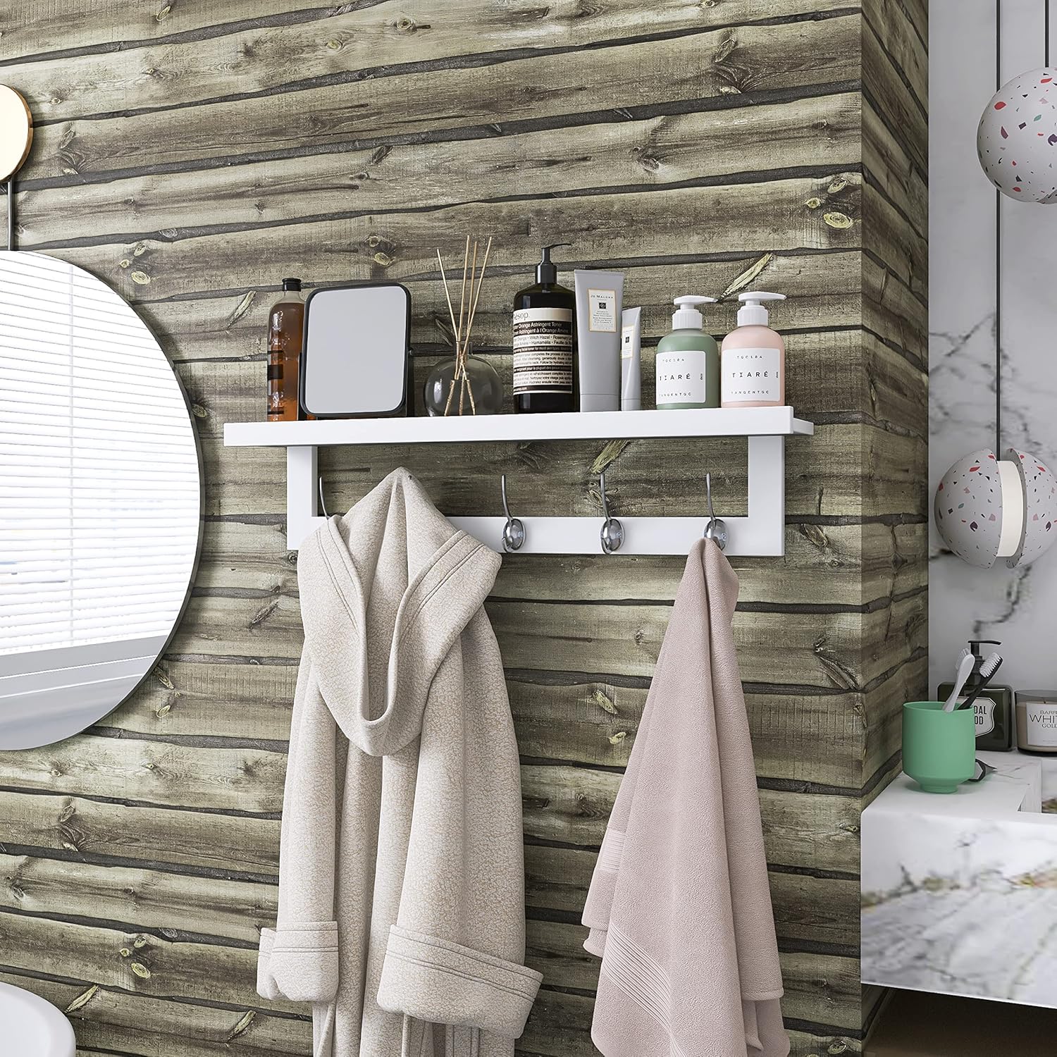 Smibuy Appendiabiti a Muro in Bambù 74cm, Bianco+Argento - immagine 3