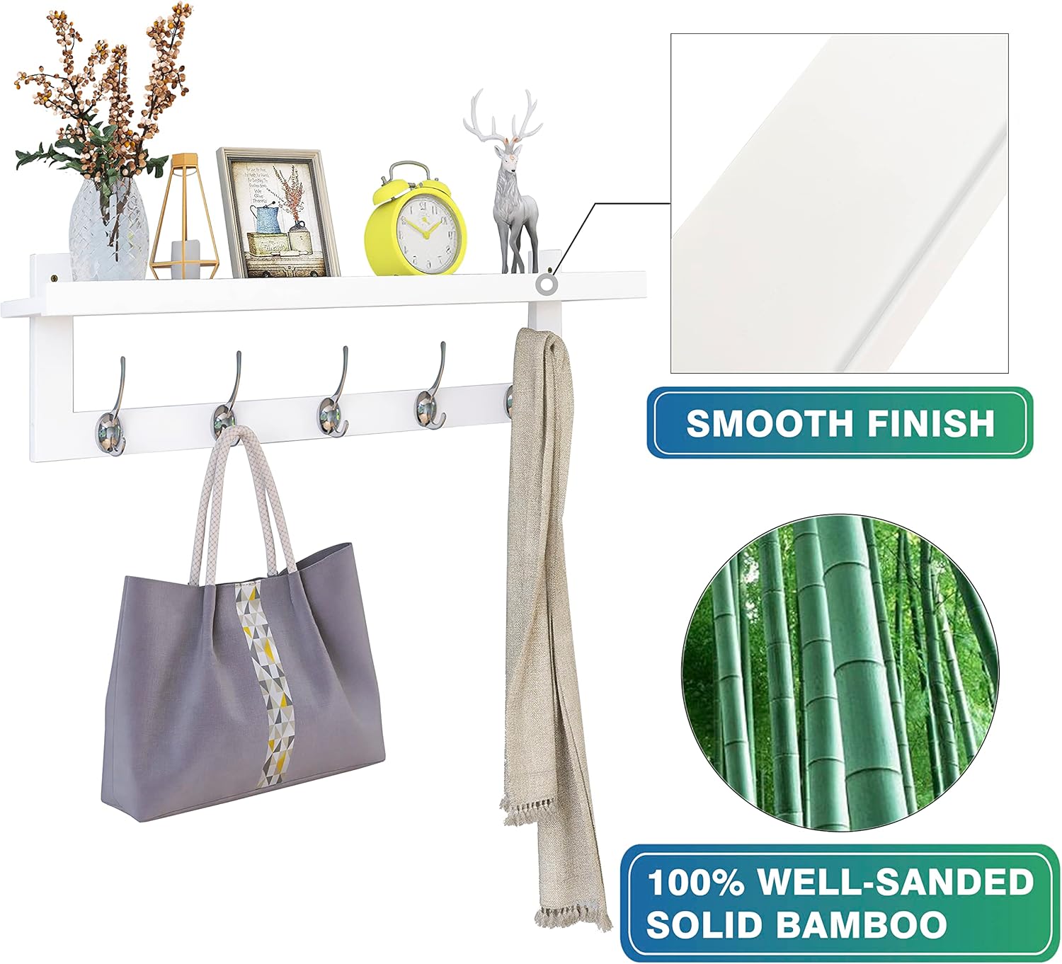 Smibuy Appendiabiti a Muro in Bambù 74cm, Bianco+Argento - immagine 6