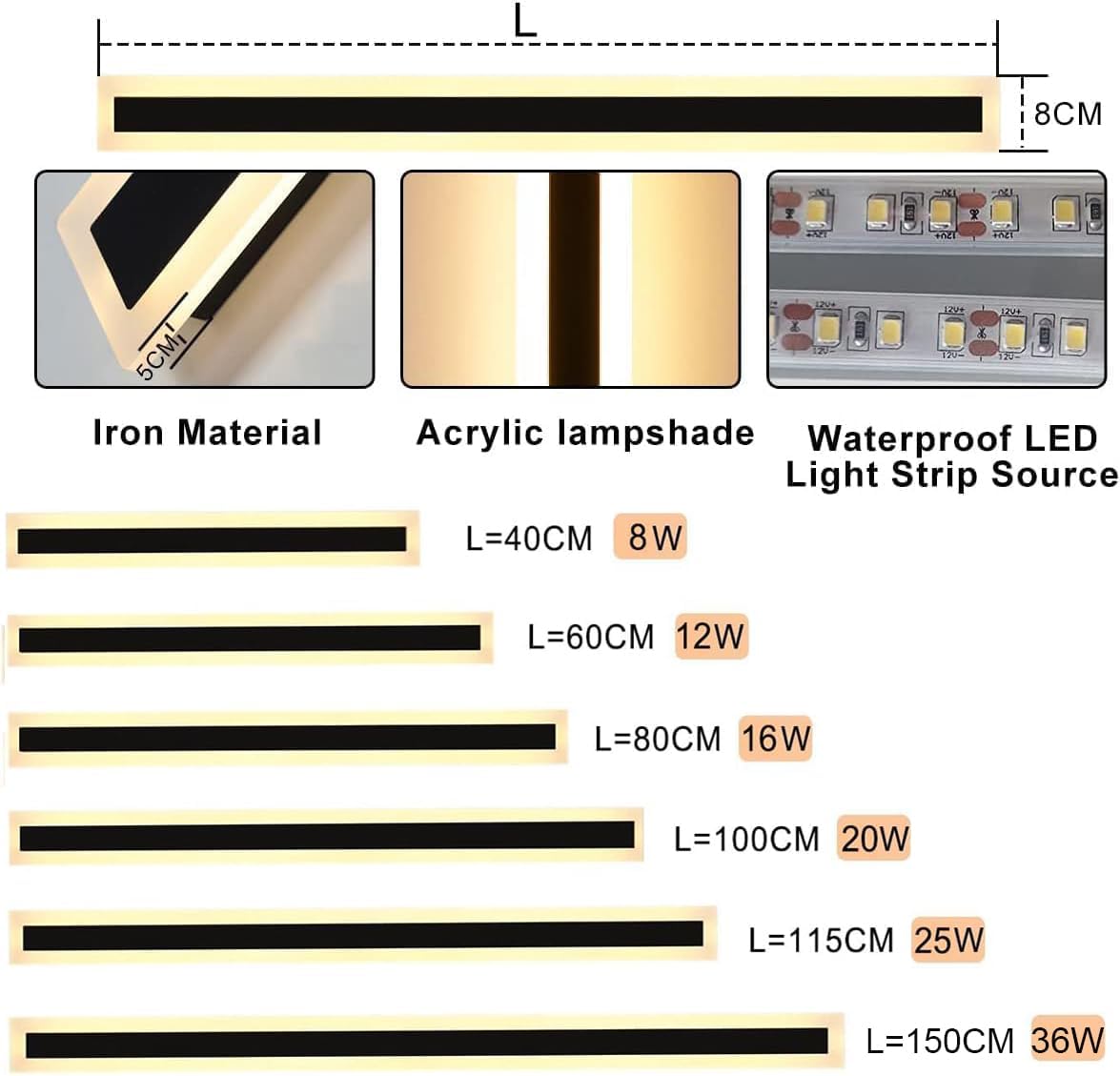 Ztwleed Applique da Esterno Lunga 150CM 36W, Nera - immagine 5