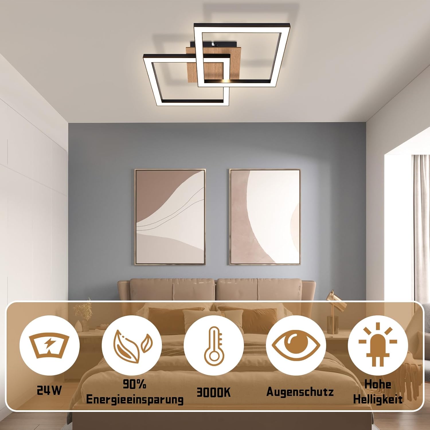 Cbjktx Plafoniera LED Soffitto Nera - Legno 24W - immagine 3