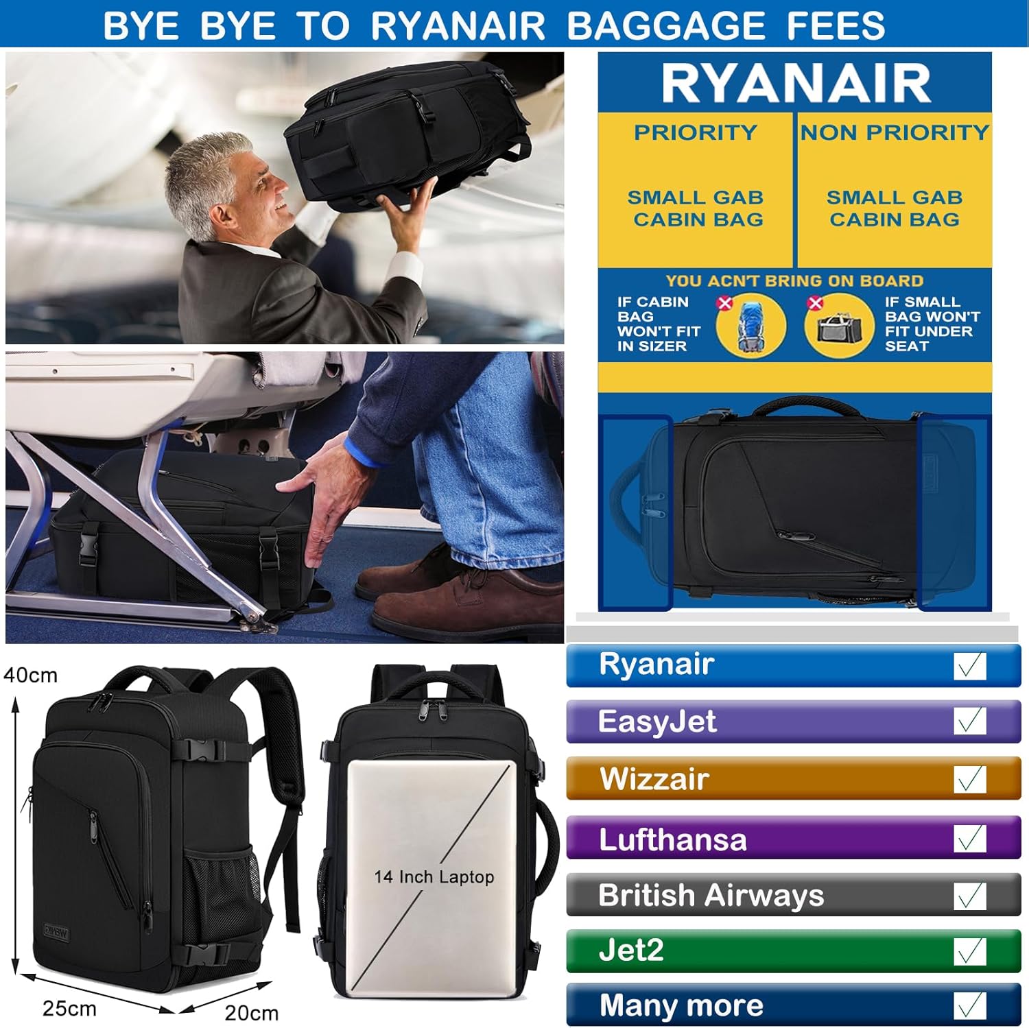 Zaino Ryanair 20L 40x20x25 con Porta PC 14 Pollici - immagine 2
