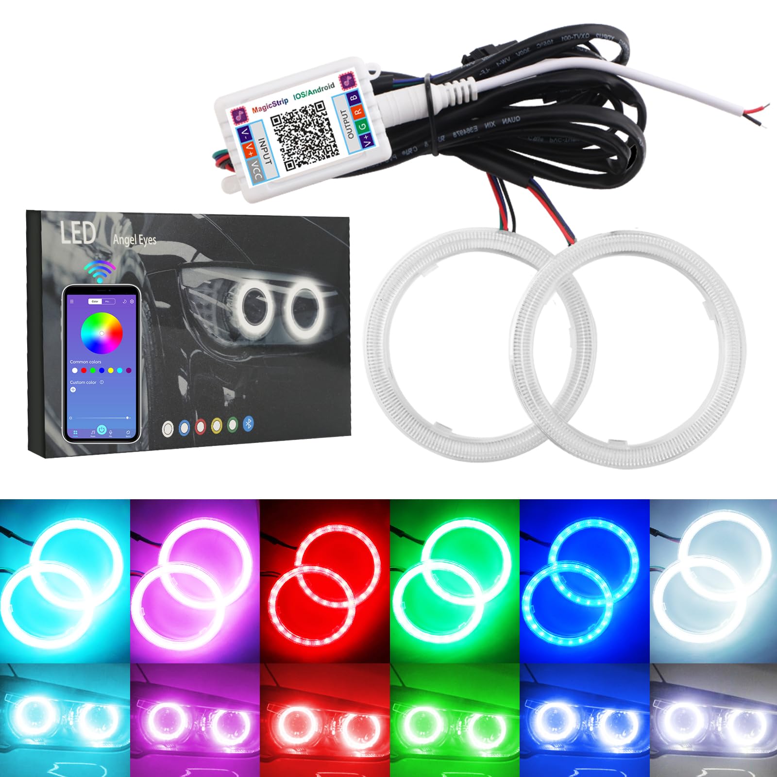 Qasim LED COB Fari Angel Eyes RGB Anello Halo 70MM