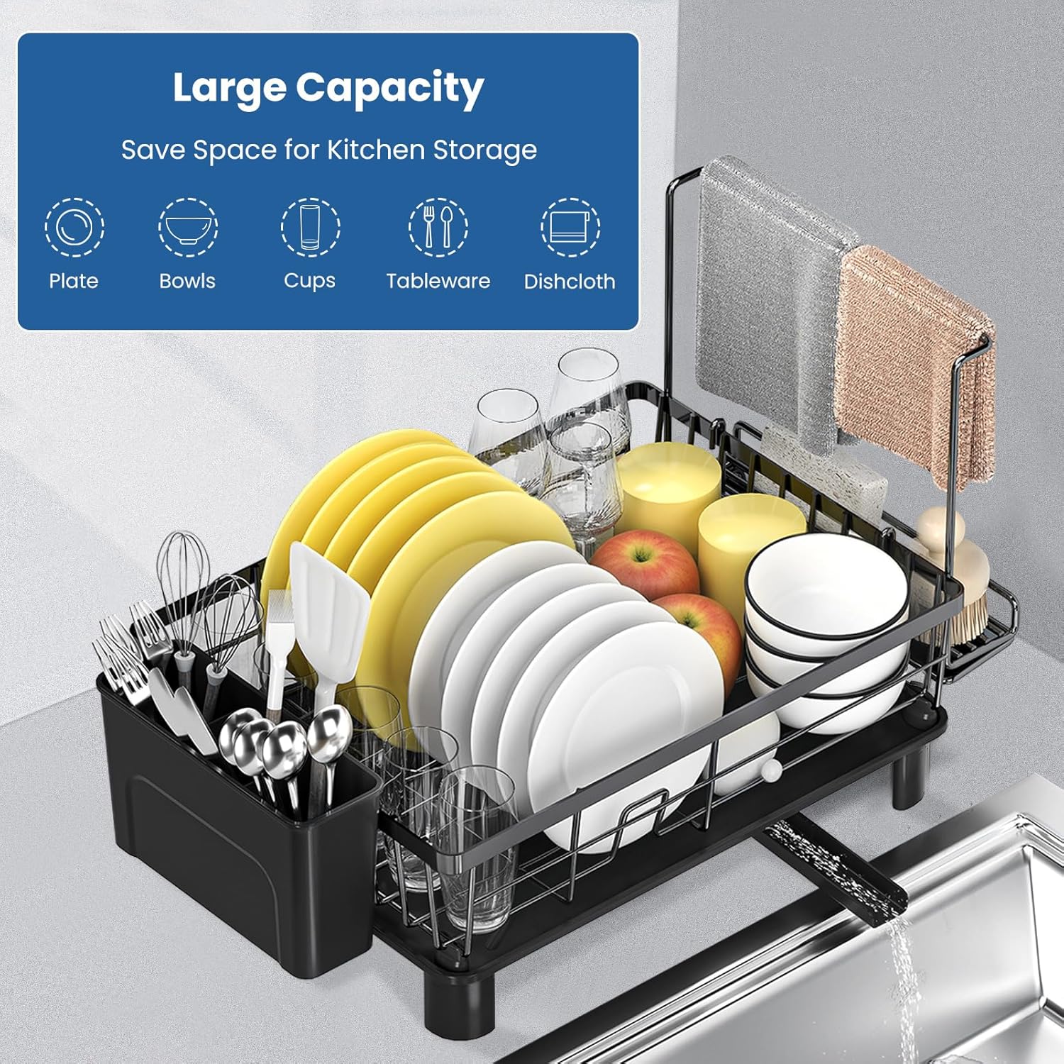 Scolapiatti Salvaspazio con Portaposate, Nero - immagine 4