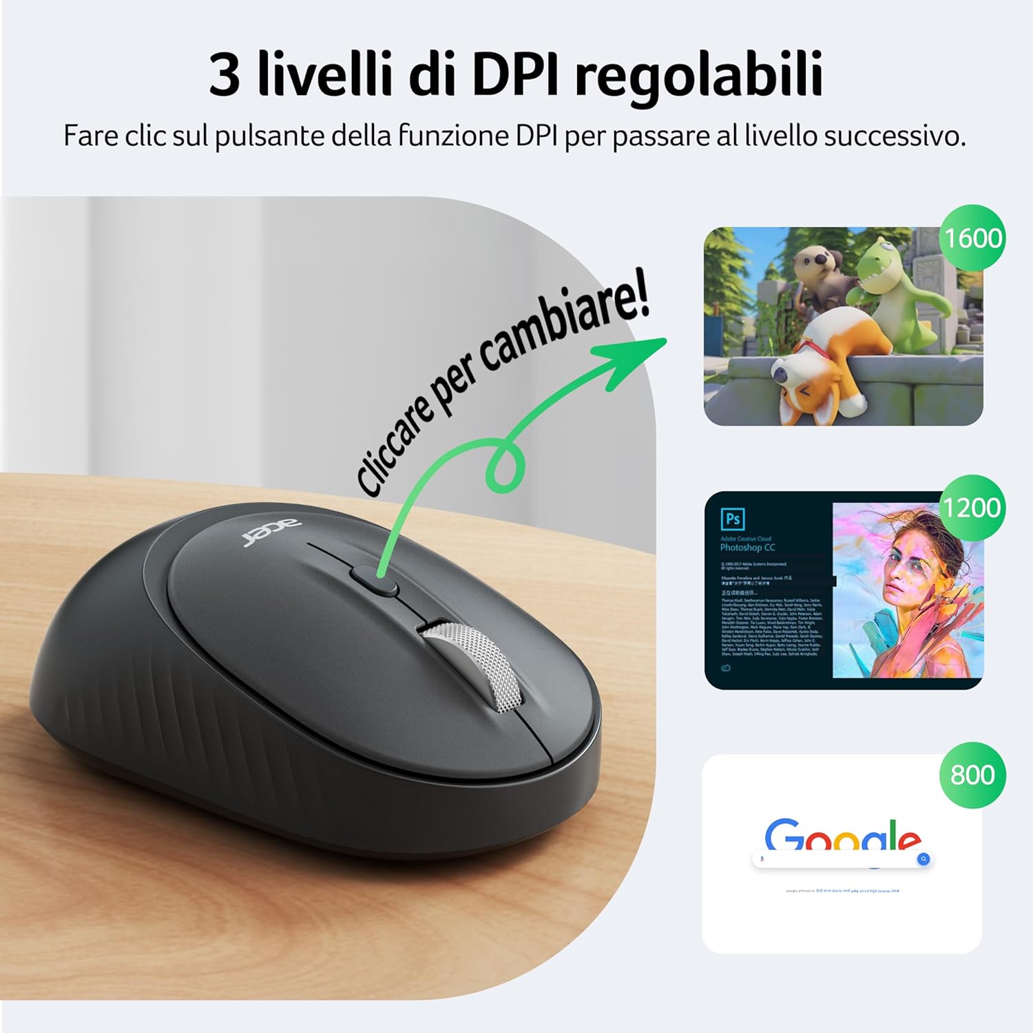 Acer Mouse Bluetooth Wireless Silenzioso 1600 DPI - immagine 3