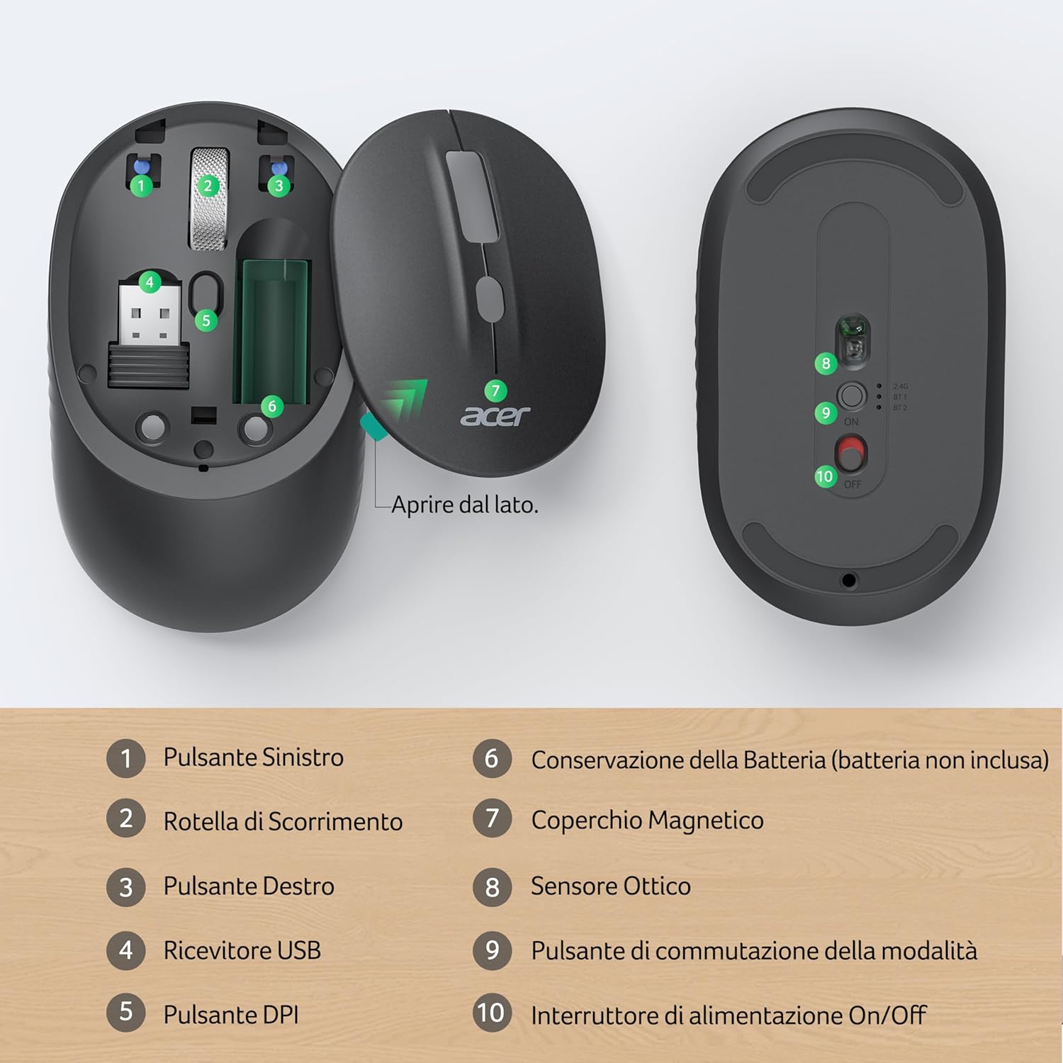 Acer Mouse Bluetooth Wireless Silenzioso 1600 DPI - immagine 5