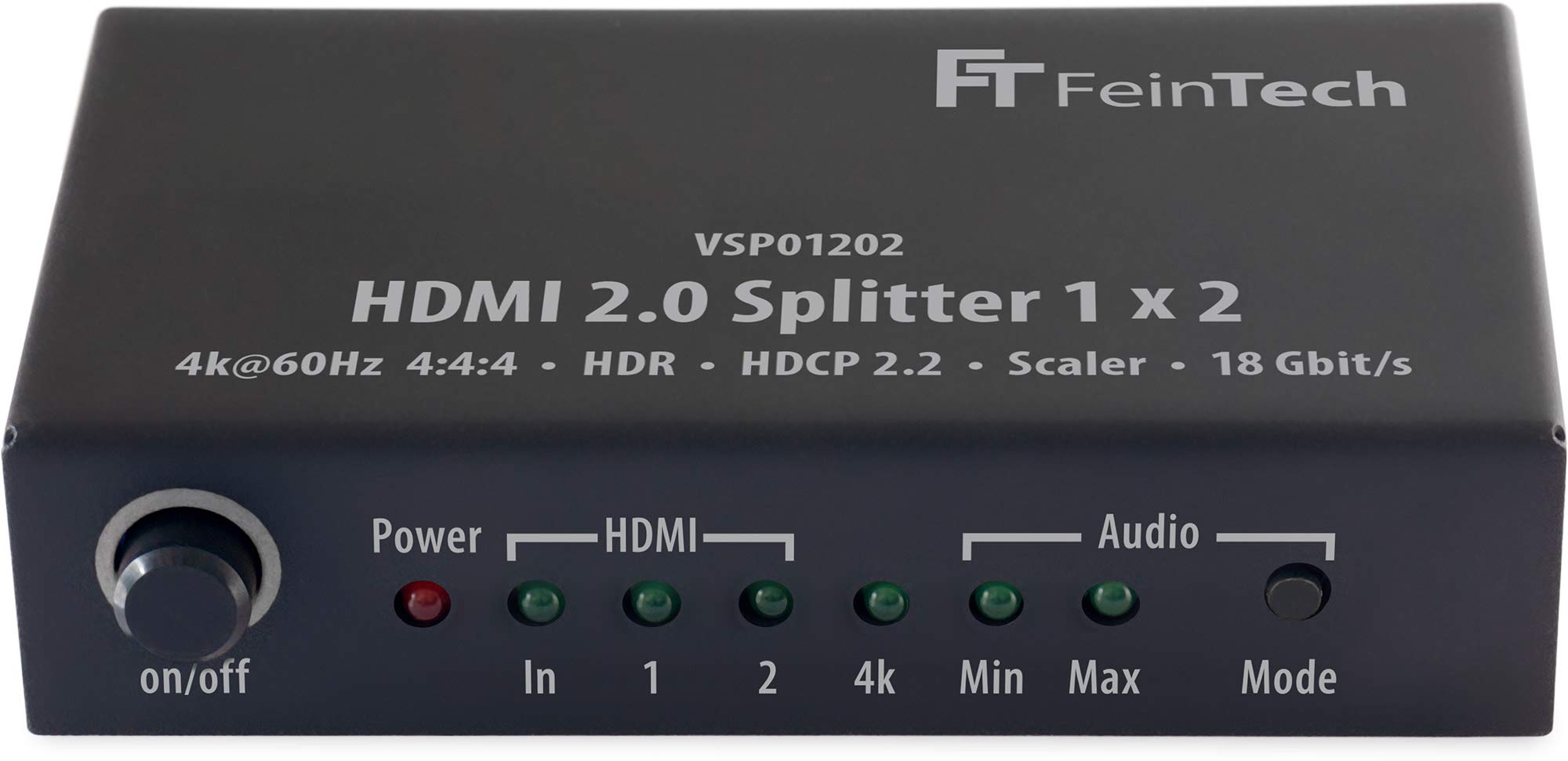 FeinTech VSP01202 Splitter HDMI 2.0 1x2 con 4K HDR Down-Scaler Audio-EDID Nero