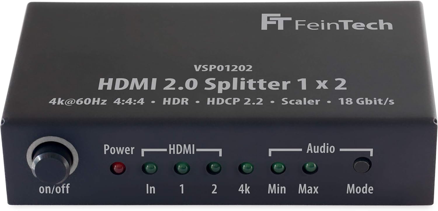 FeinTech VSP01202 Splitter HDMI 2.0 1x2 con 4K HDR Down-Scaler Audio-EDID Nero - immagine 1