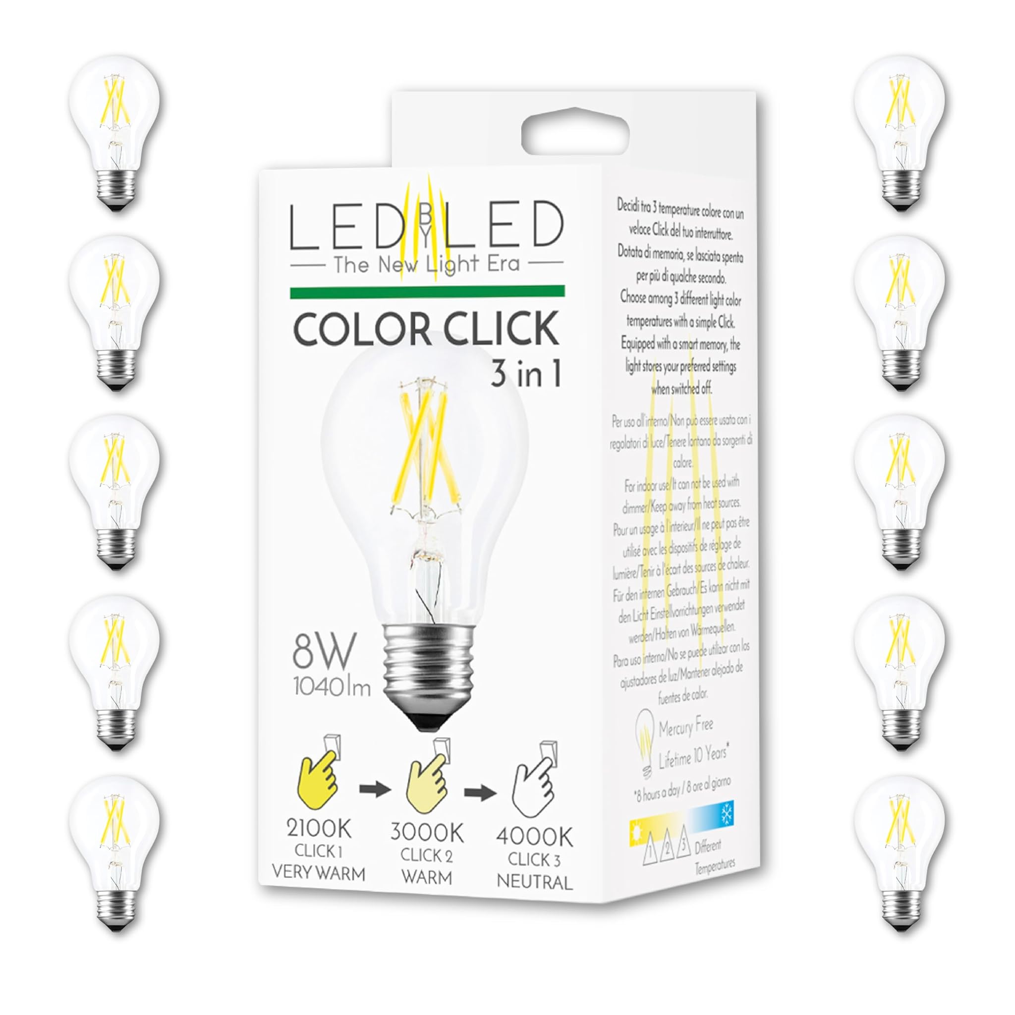 Lampadina Smart Goccia Color Click 8W E27, Pack 10 Pezzi