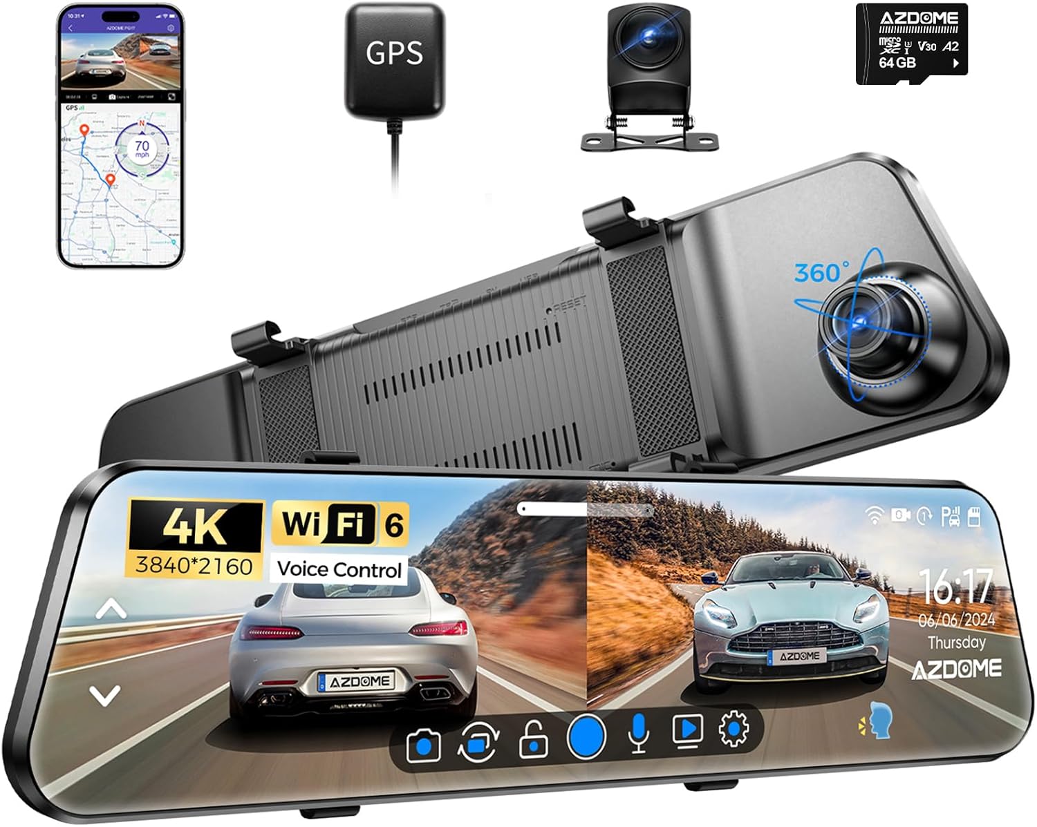 Azdome PG17 - Specchietto Retrovisore Dash Cam 4K+1080P - immagine 1