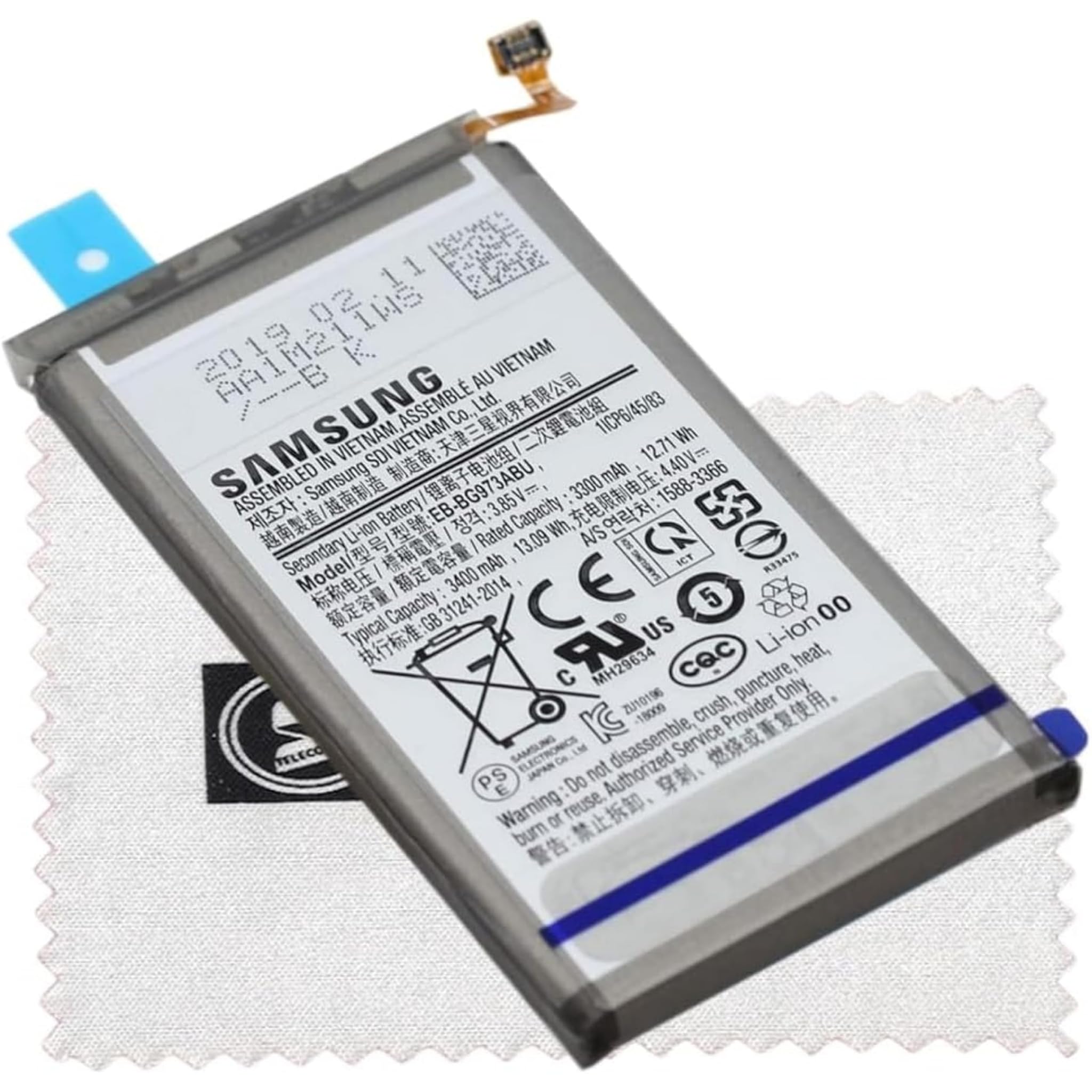 Batteria originale per EB-BG973ABU per Samsung Galaxy S10 (G973F) con panno di pulizia Shlok