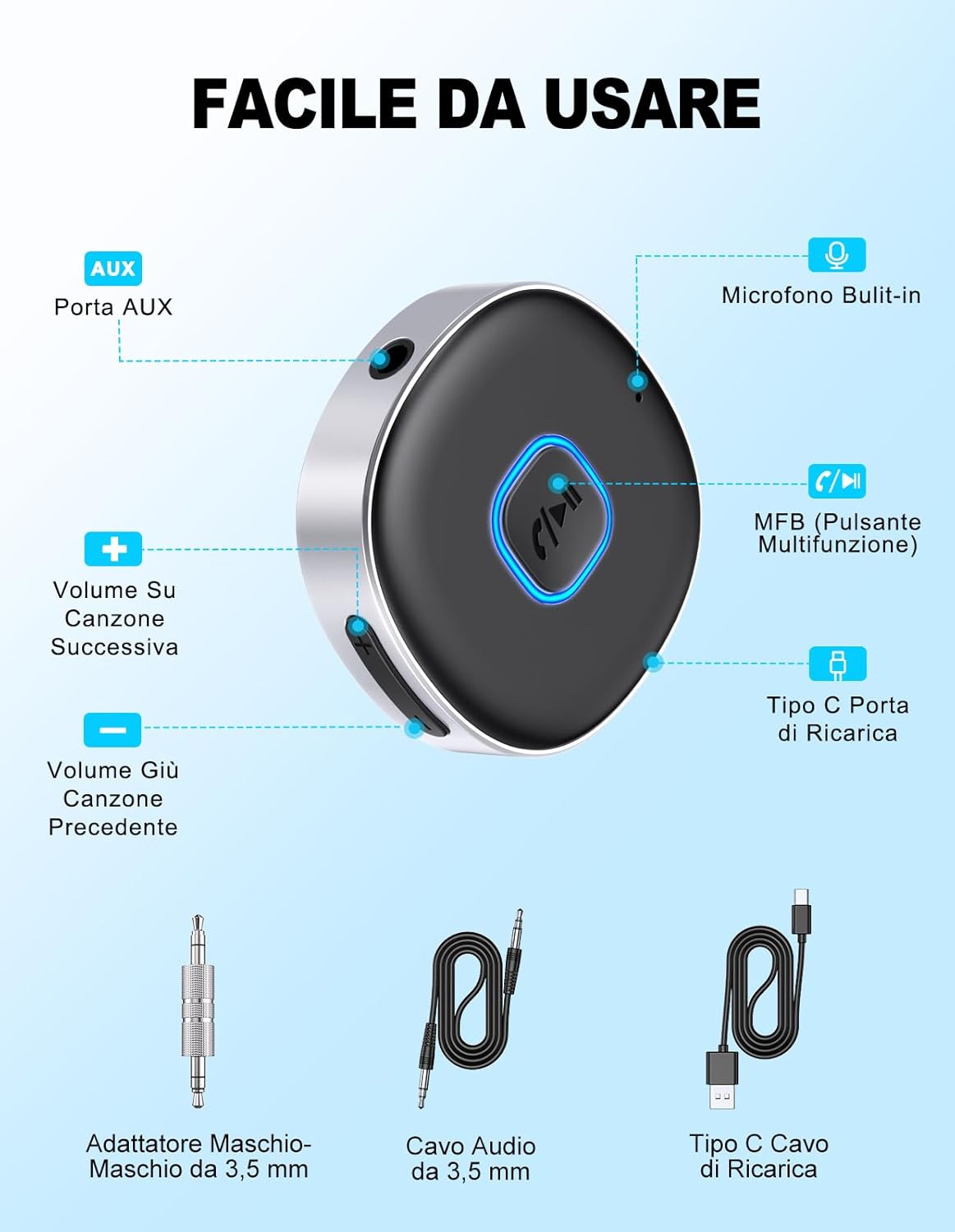 Mohard Ricevitore Bluetooth 5.3 Mini Aux Auto - immagine 5